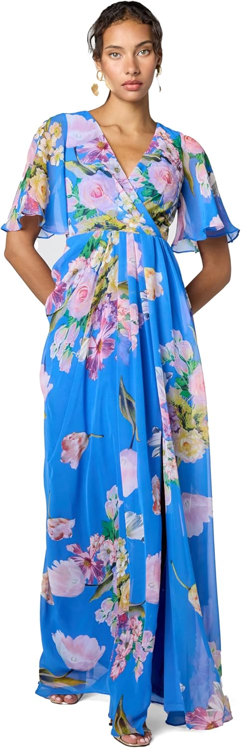 Adrianna Papell Womens Floral Printed Chiffon Gown