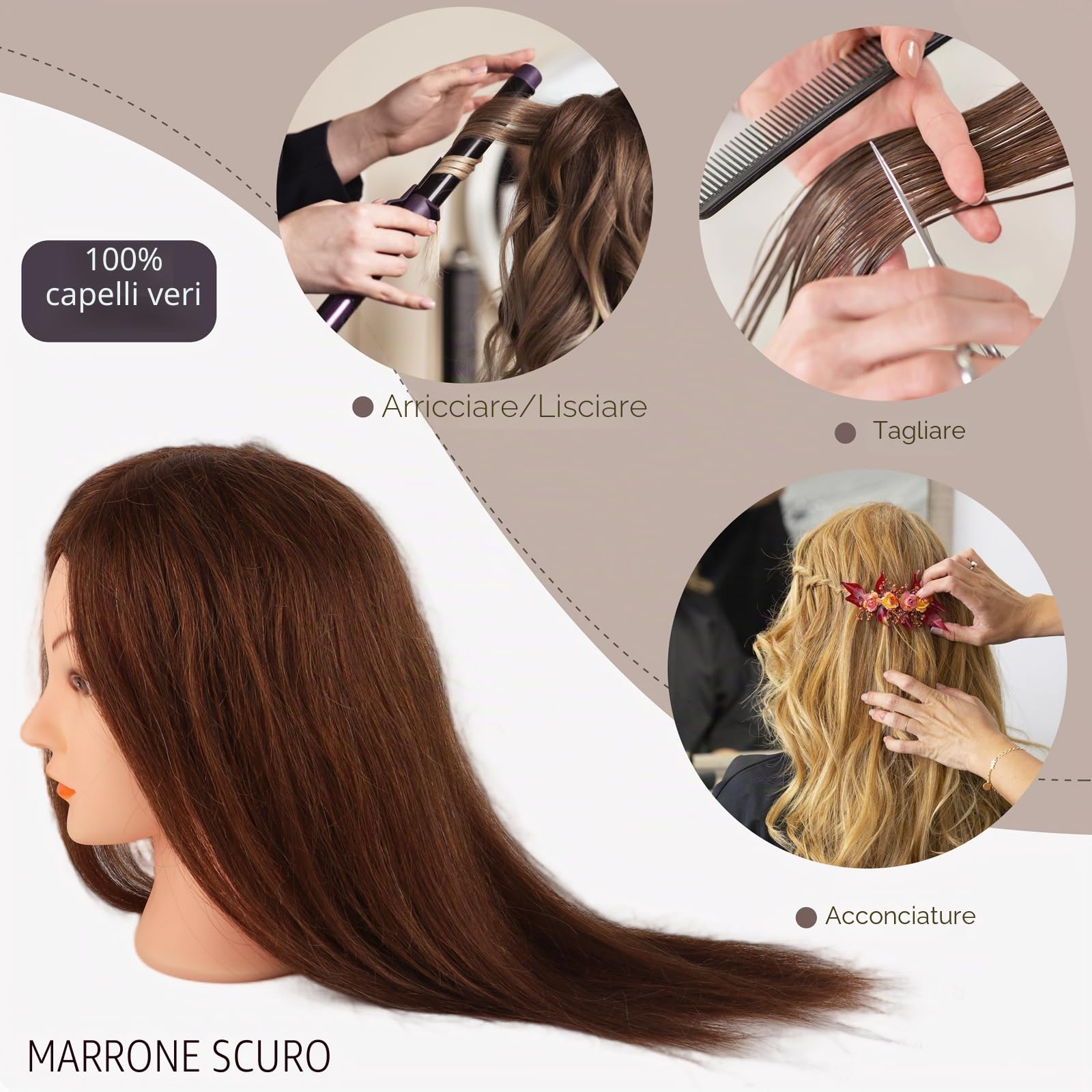Testa per Parrucchieri Capelli Veri 100%, Testina Parrucchiere Manichino 46cm Marrone do Formazione Acconciature