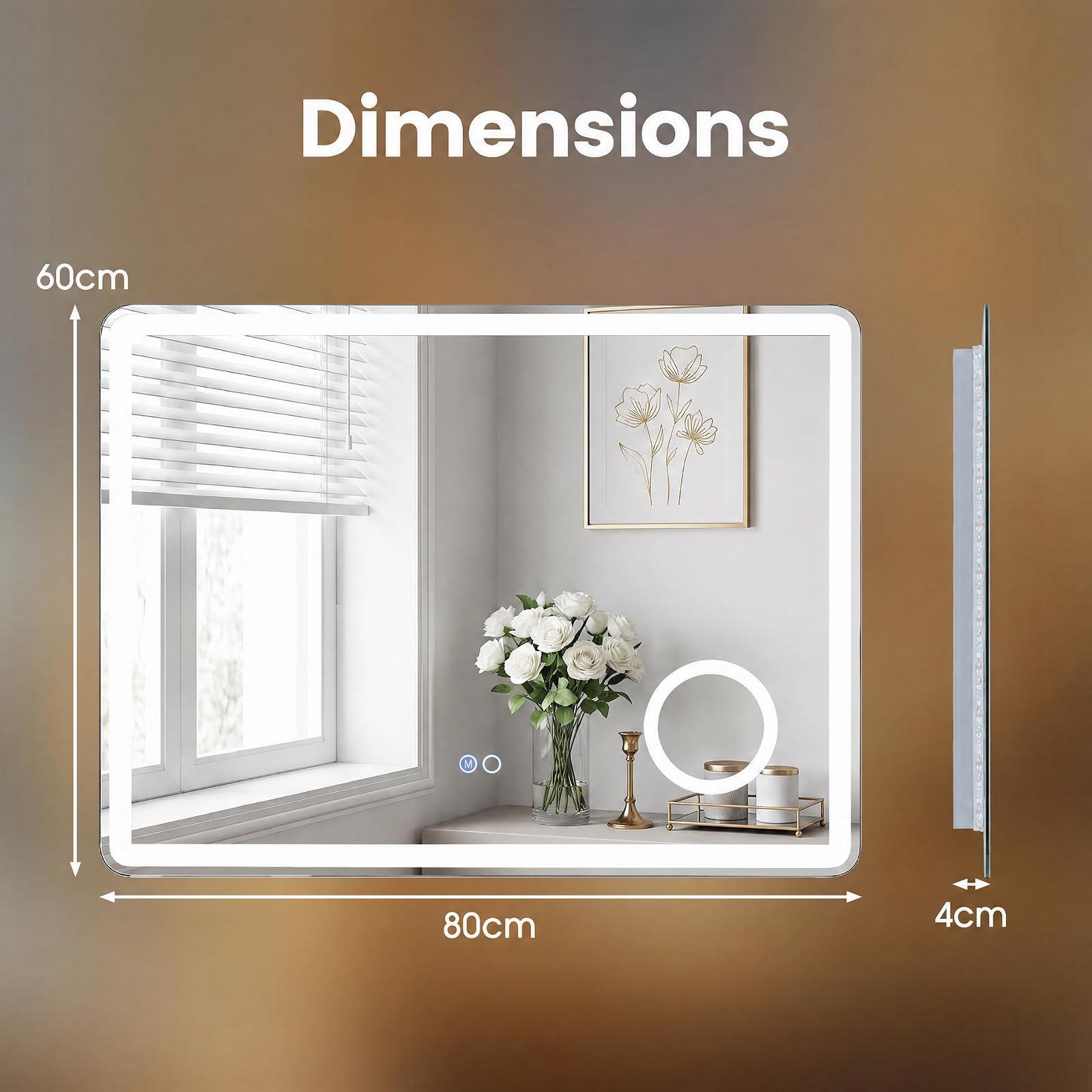 COSTWAY Miroir Salle de Bain avec Eclairage 80 x 60 cm, Grossissant 3X