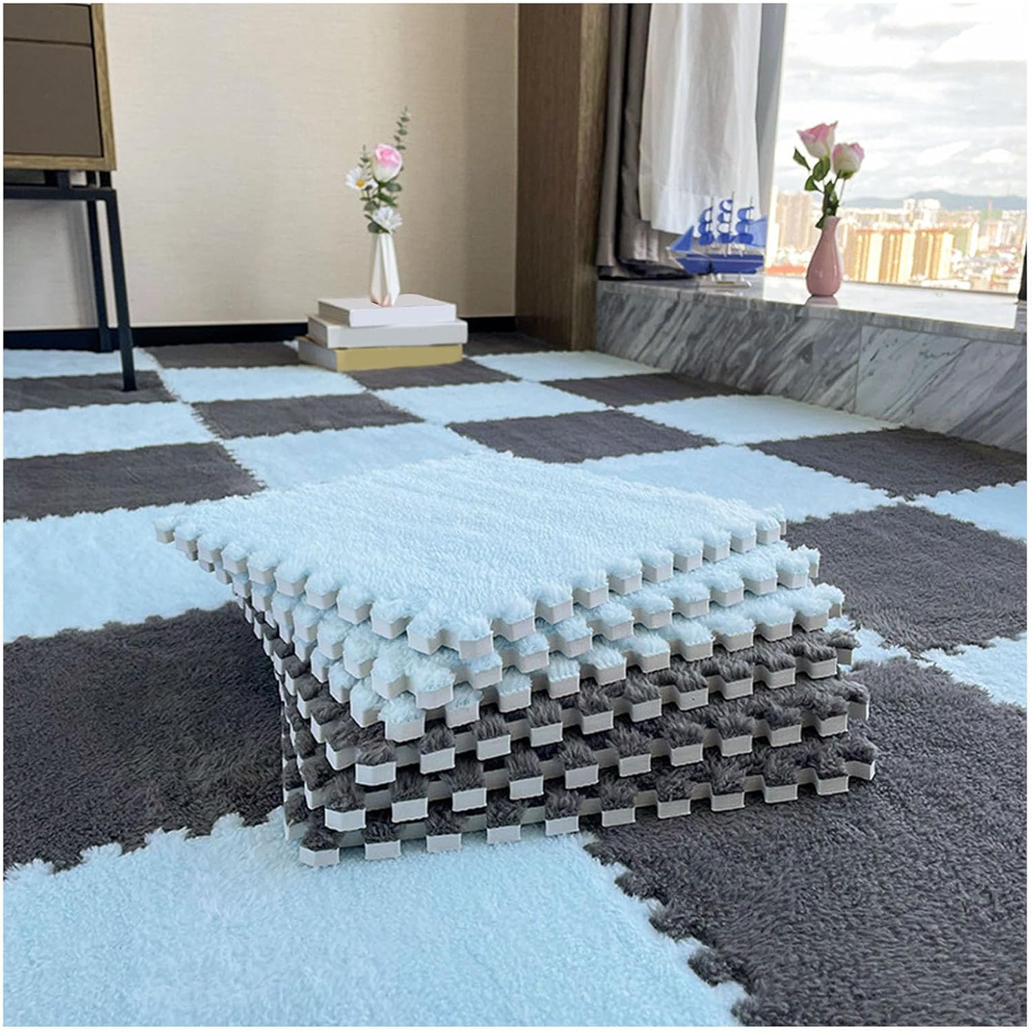 80 Interlocking Foam Carpet Tiles - P Jigs Floor Mats for Bedroom, Soft Foam Squares in Light Blue & Gray, Perfect for Playrooms, Kids’ Rooms, and Exercise Areas