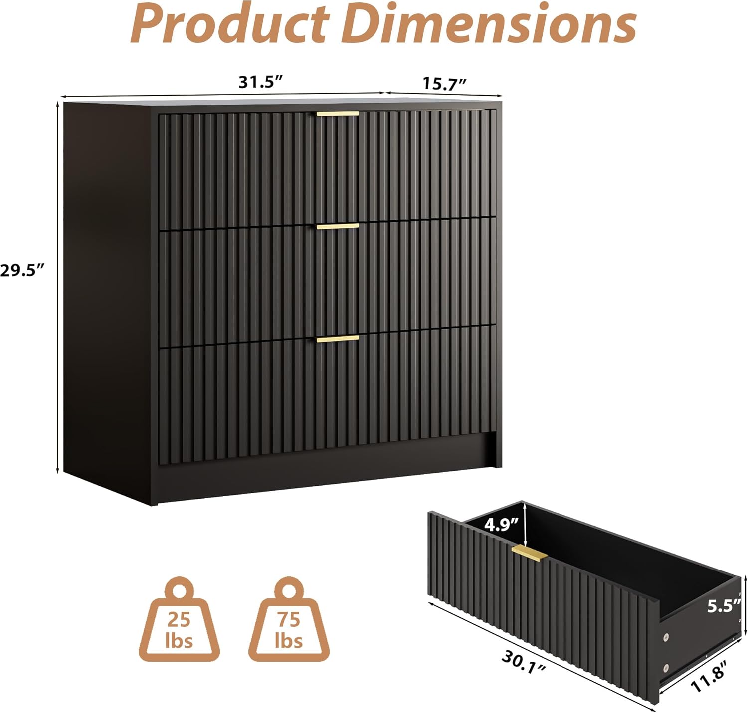 Diagram showing the dimensions of a 3-drawer nightstand: 15.7 inches deep, 31.5 inches wide, and 29.5 inches high. Also shows a single drawer with dimensions: 30.1 inches wide, 11.8 inches deep, 5.5 inches high, and 4.9 inches from bottom to handle.