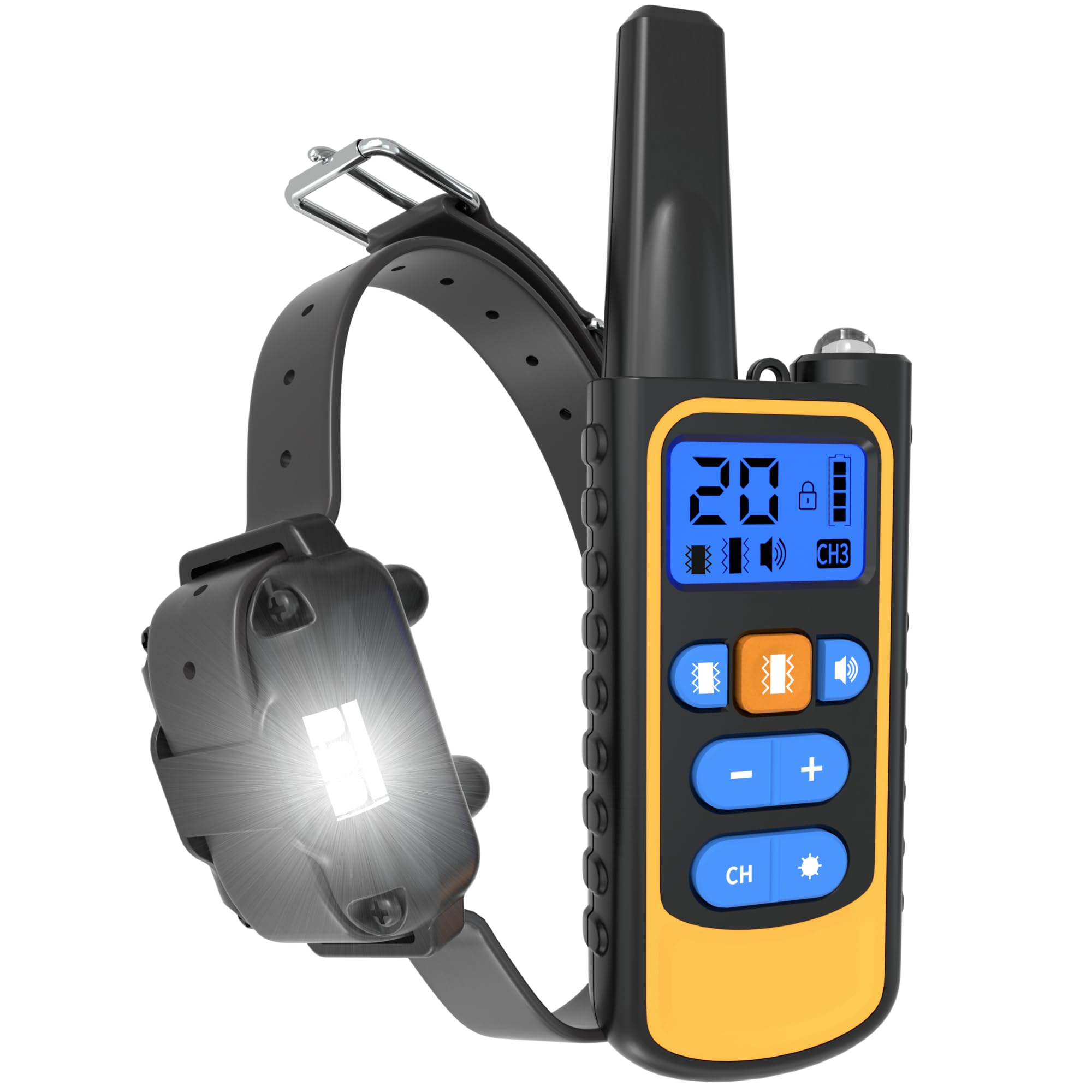 Meloive Collier de Dressage pour Chien,Portée de 3000m,Collier Rechargeable avec Mode Son,Vibration,Forte Vibration et Lumière LED,IPX67 Résistant à l'eau,Adapté Aux Chiens de Petites et Gros Tailles