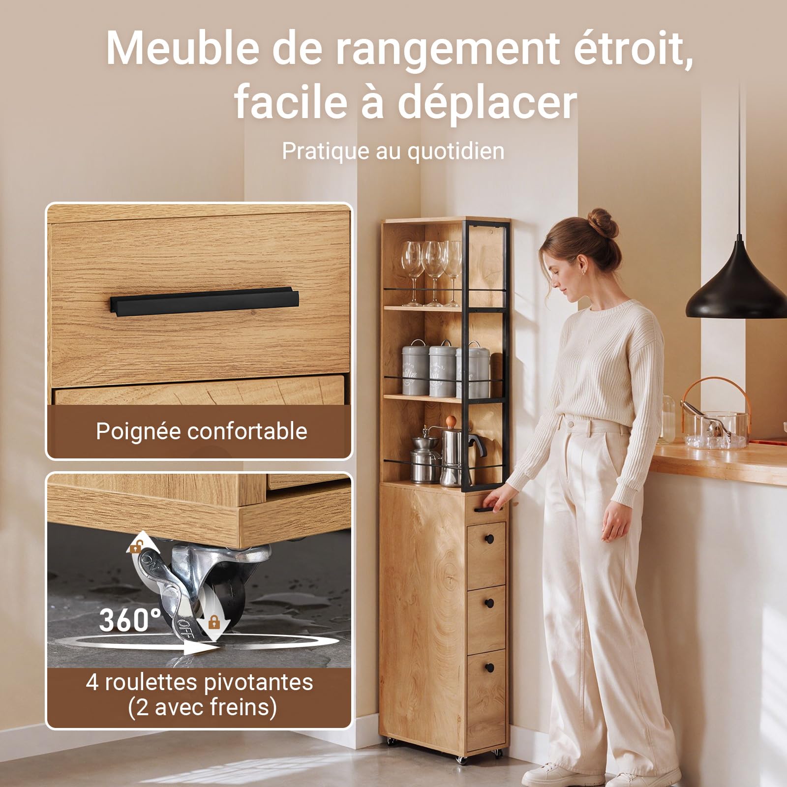 SoBuy Chariot de Rangement à 4 roulettes, 20cm, 40x20x170cm, Petite Cuisine | Desserte Cuisine et Salle de Bain Multi-Usage, 3 tiroirs, 3 tablettes et barres antichute, PB+MDF, NSR13-N