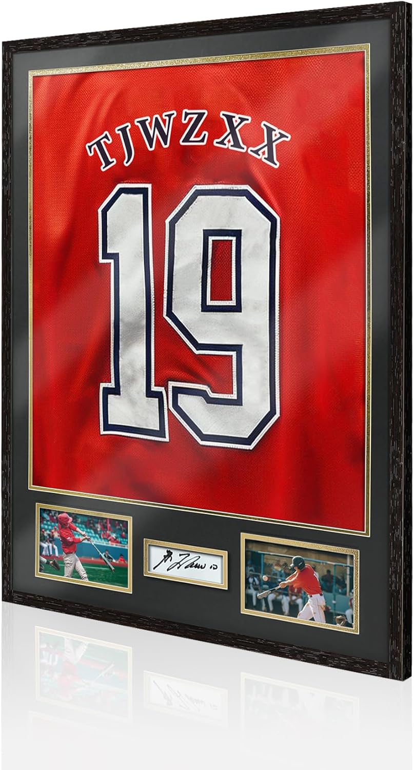 jersey frame display case for football, wooden sport jersey shadow box with hd plexiglas, jersey display with 2 photos and 1 signature for hockey baseball basketball soccer shirt and uniform, black