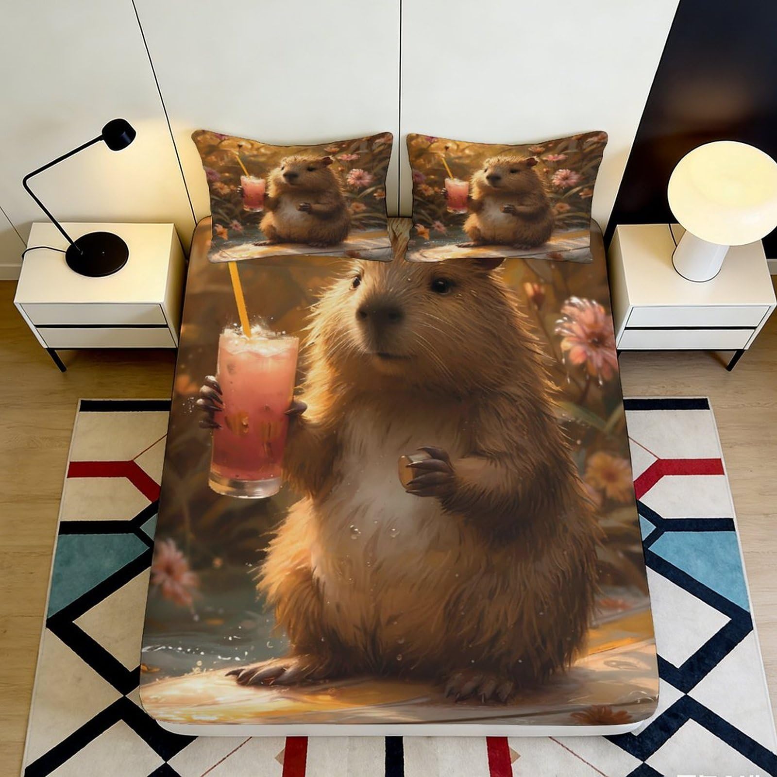 3D Printed Capybara Animal Pattern Fitted Sheet Microfiber Deep Pocket Non-Slip Bedroom Bedding Capybara Mattress Fitted Cover for Adults Teens 160x200x25cm