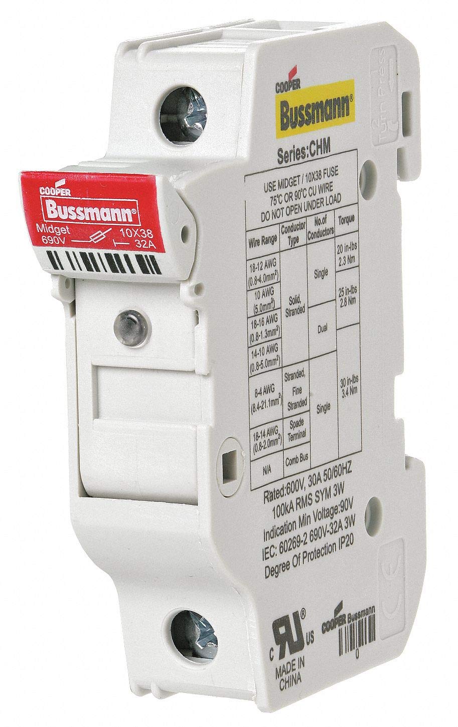 Eaton Bussmann Fuse Holder, Midget, 30A, 600V, Screw - CHM1DIU