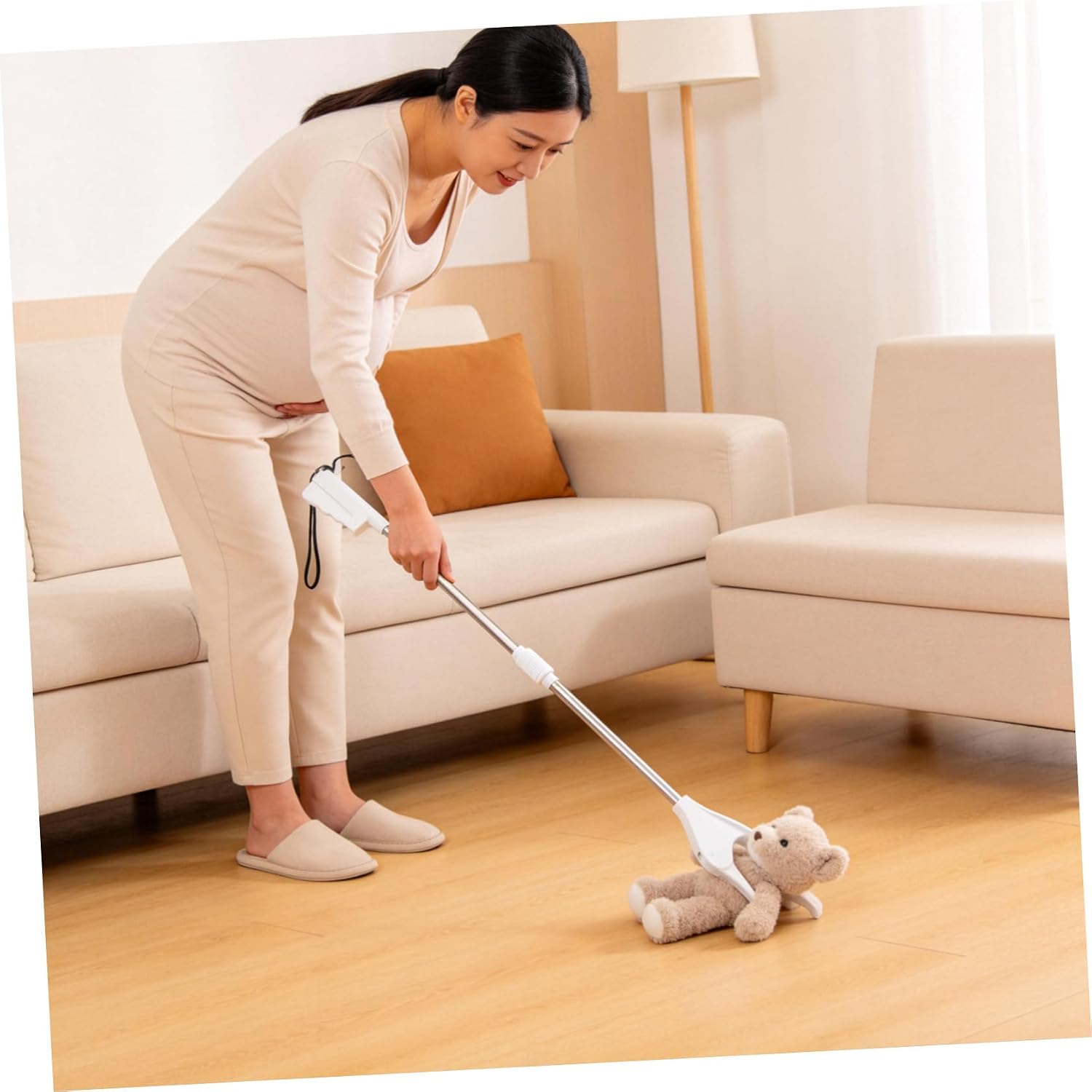 DOITOOL Ergonomic Reaching Tool for Seniors with No Bend Design and Secure Grip, 28 Inch Long Handle Pick up Tool for Elderly, for Bedrooms and Balconies, White Plastic and Stainless Steel