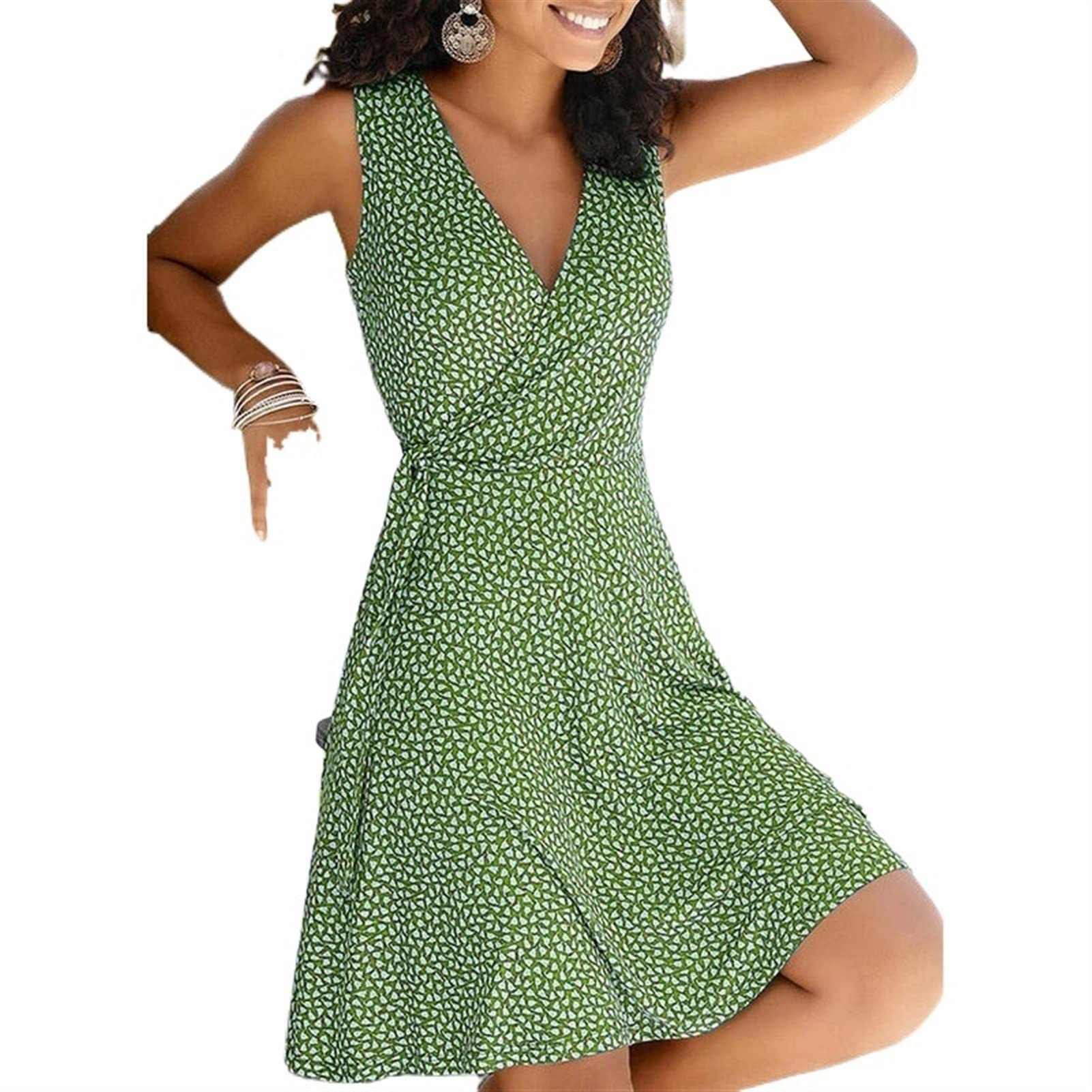 Summer Dresses for Women Plus Size Casual Polka Dot V-Neck Sleeveless Beach Bohemian Dresses Sundress (Color : 77, Size : Large)