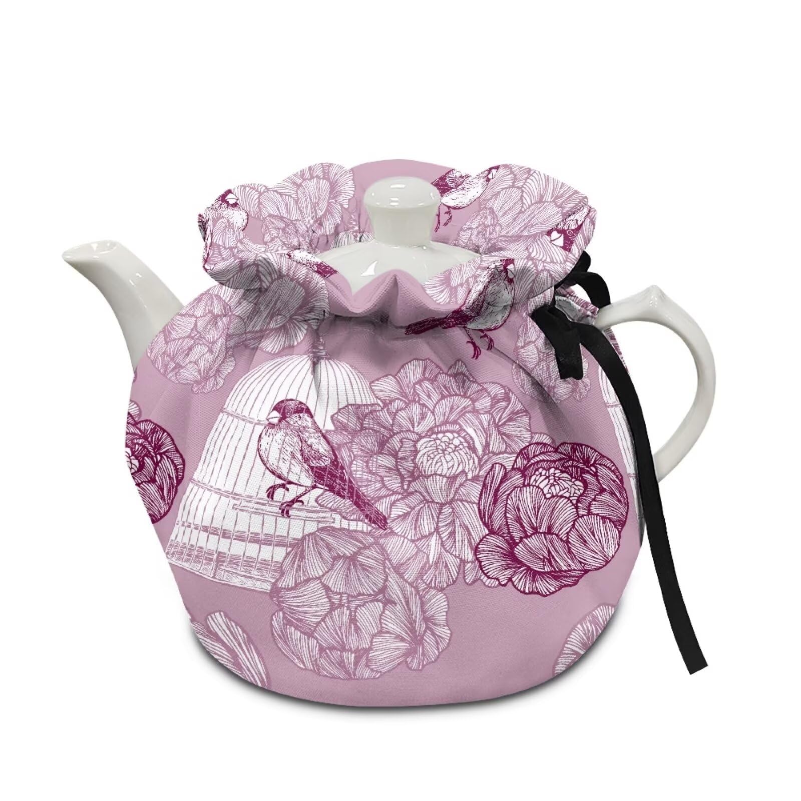 LJMKZJN Tea Pot Cozy Dustproof Insulated Teapot Cover with Adjustable Drawstring Kitchen Home Decorative Tea Pots Cozy Hand-Protecting Tea Kettle Quilt, Floral Bird