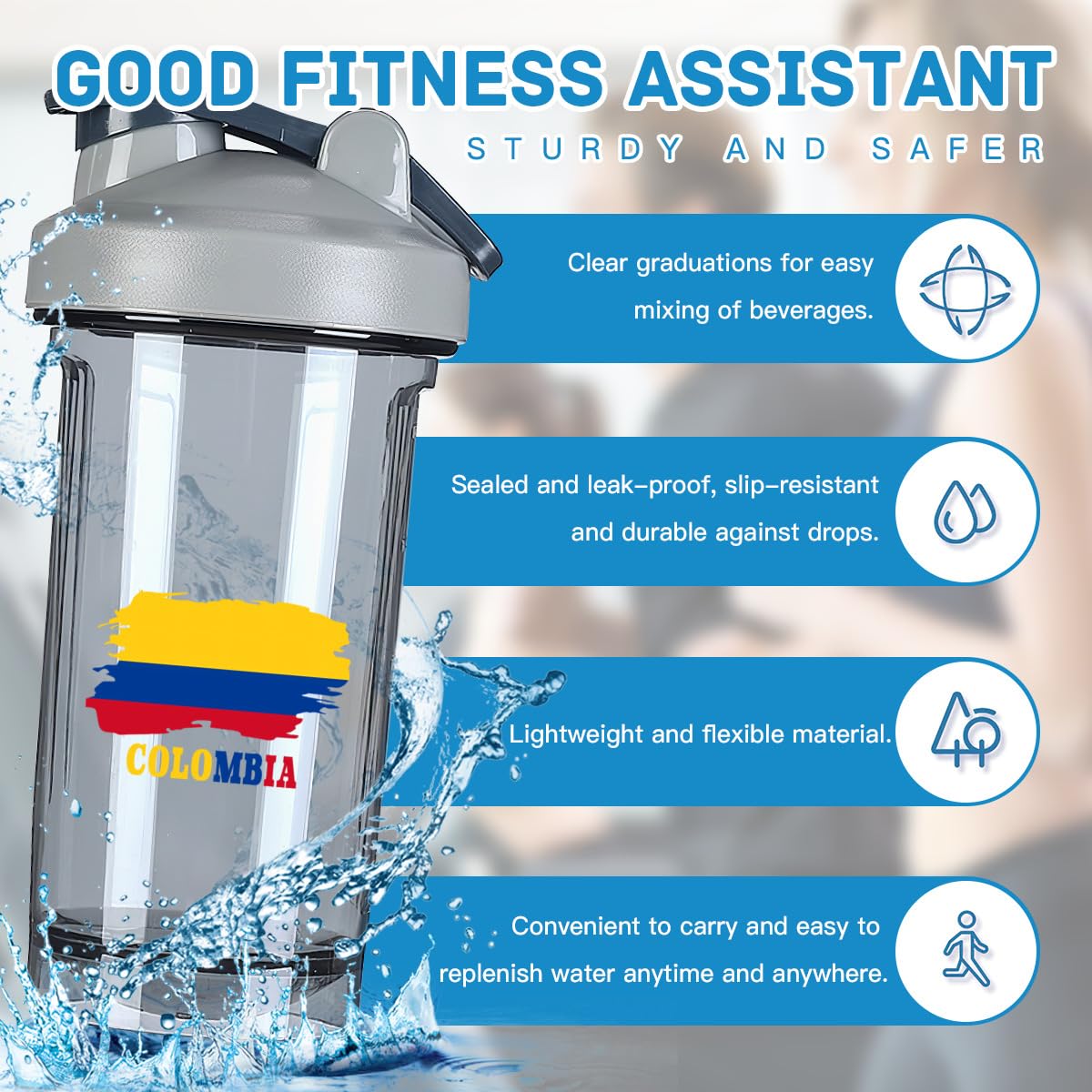 Colombia Map Flag 18 Ounce Shaker Bottle Drink Mixer Leak-proof Pre Workout Protein Shakes Meal Replacement Shakes Bottles 500ML/18 Oz Gray&-3&-3&-3