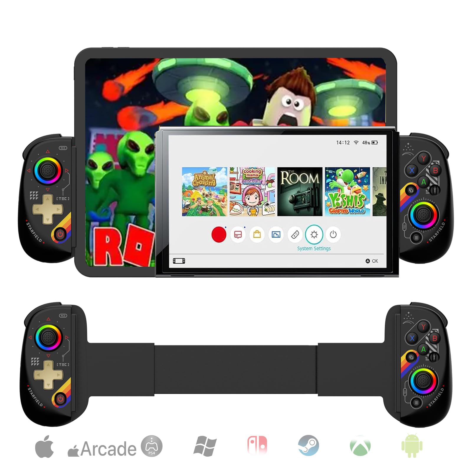 Megadream Controlador de juegos móvil para iPad/Tablet (13-25 cm) RGB Wireless Bluetooth Gamepad para iPhone/Android/PC, joysticks Hall Effects con disparador lineal, función turbo, color negro