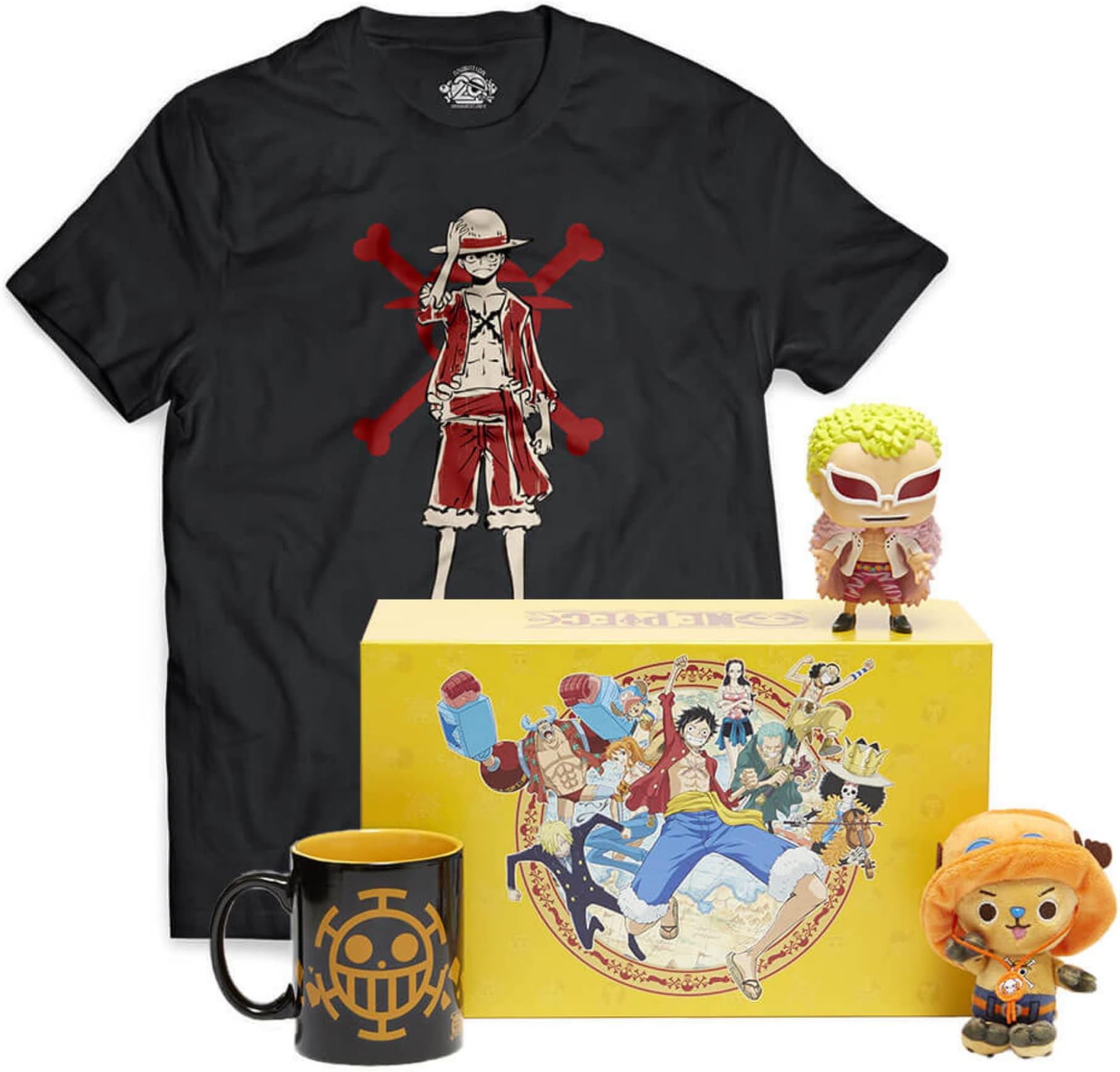 WOOTBOX - Collector's Gift Set – One Piece – Vinyl #400 Donquixote Doflamingo, Tony Tony Chopper 15cm 6" Plush Keyclip, Trafalgar Law Mug & Monkey D. Luffy T-Shirt Size Medium Unisex