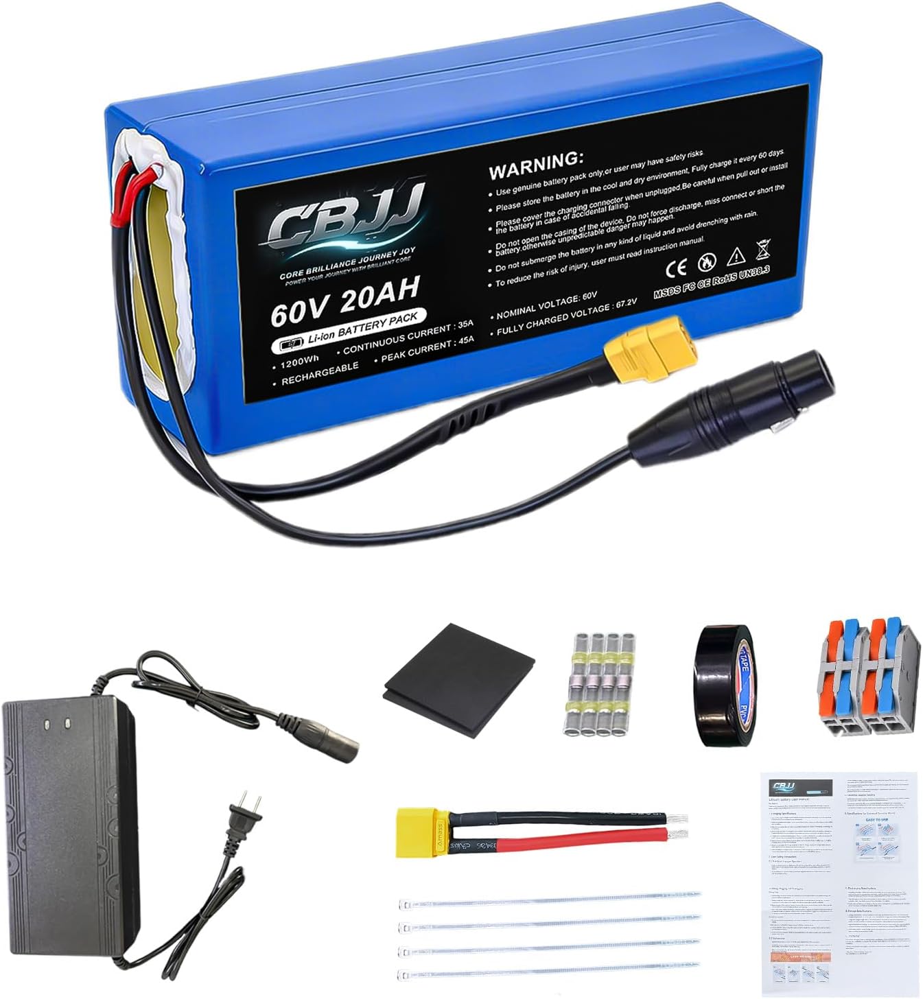 60V 20Ah Li-ion Battery Pack, 67.2V 4A Fast Charger Included, Universal XT90 Connector, 60Volt Lithium Battery for DIY Projects 1