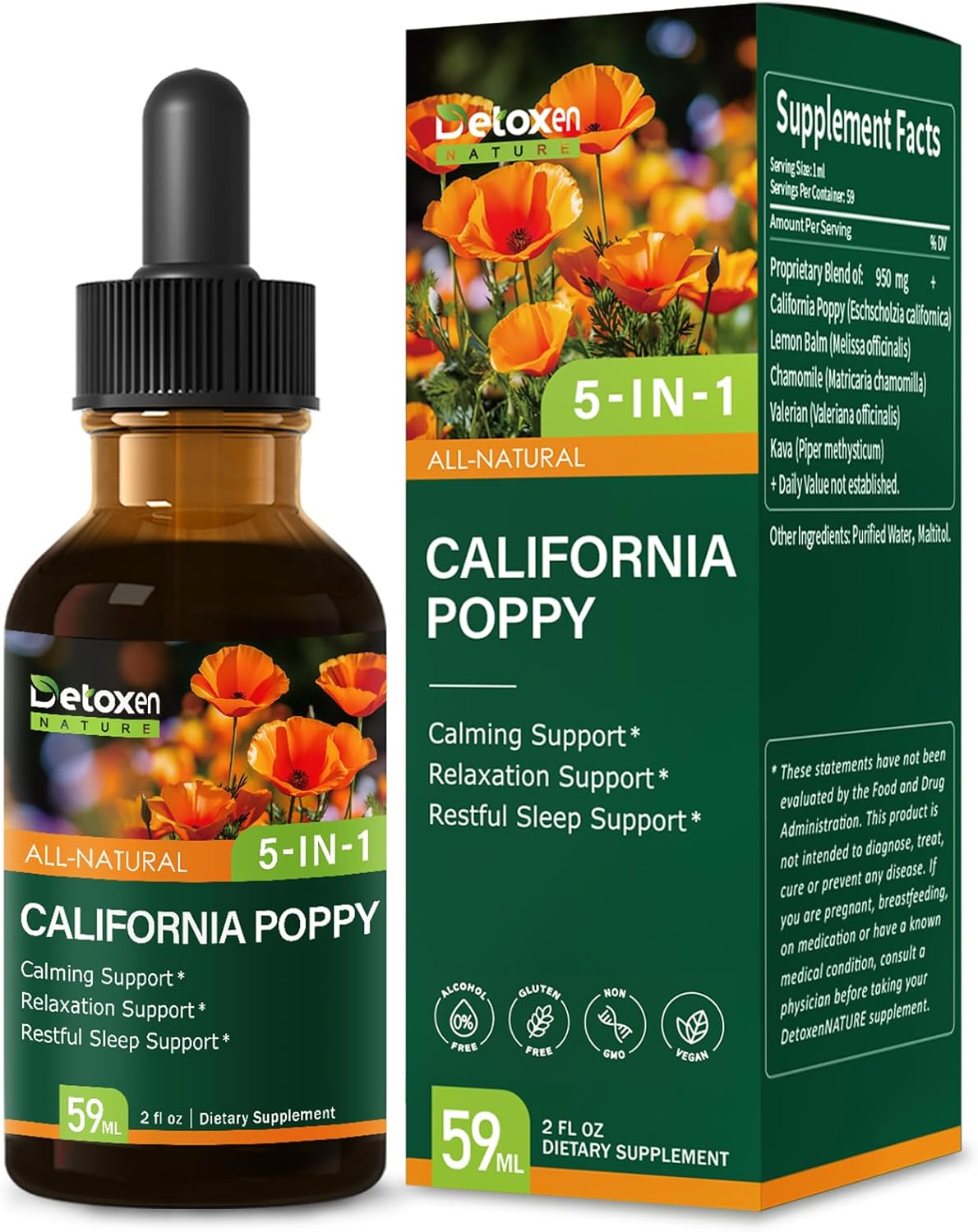 California Poppy Extract Liquid, Alcohol-Free Tincture for Calming Relaxation Support, 5-in-1 Herbal Supplement Drops with Valerian Lemon Balm Kava. for Restful Sleep Support. 2 oz