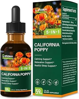 California Poppy Extract Liquid, Alcohol-Free Tincture for Calming Relaxation Support, 5-in-1 Herbal Supplement Drops with Valerian Lemon Balm Kava. for Restful Sleep Support. 2 oz