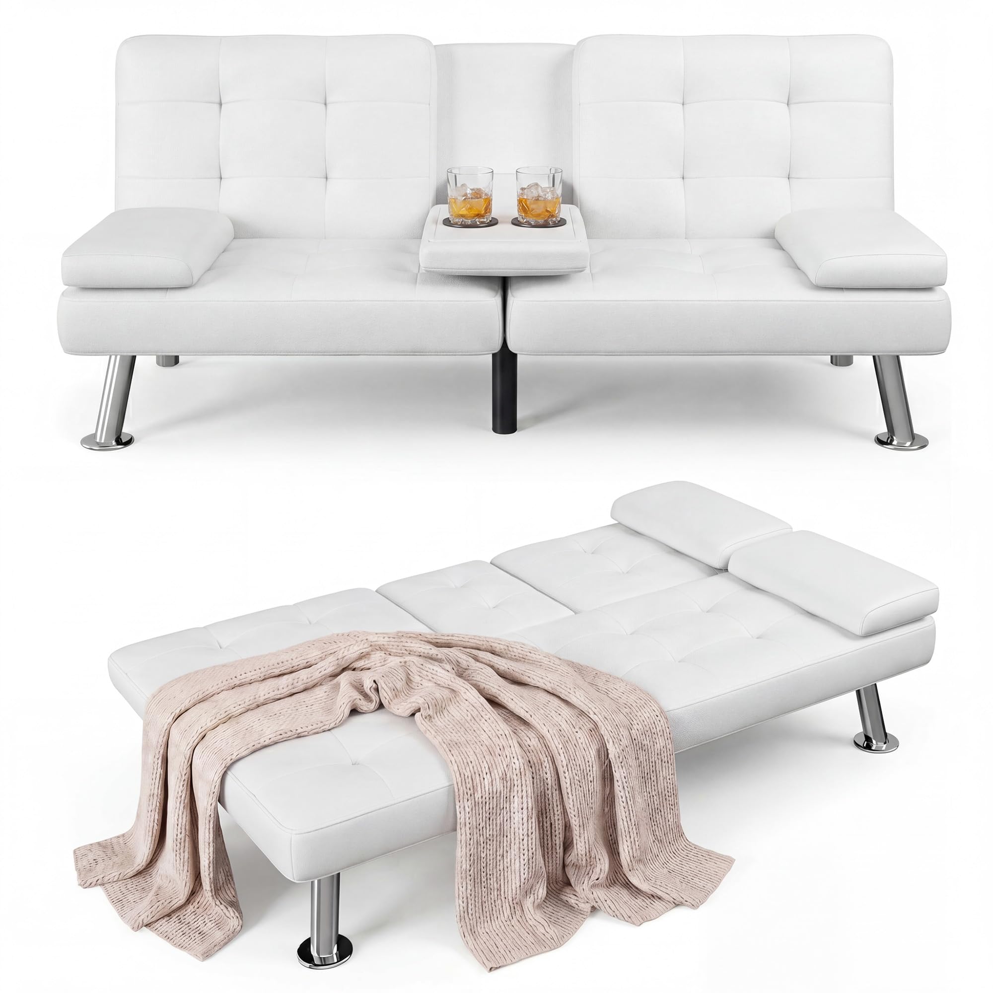 Flamaker Futon Sofa Bed Modern Folding Futon Set PU Leather Convertible Recliner Lounge for Living Room with 2 Cup Holders, Removable Armrests (PU Leather, White)
