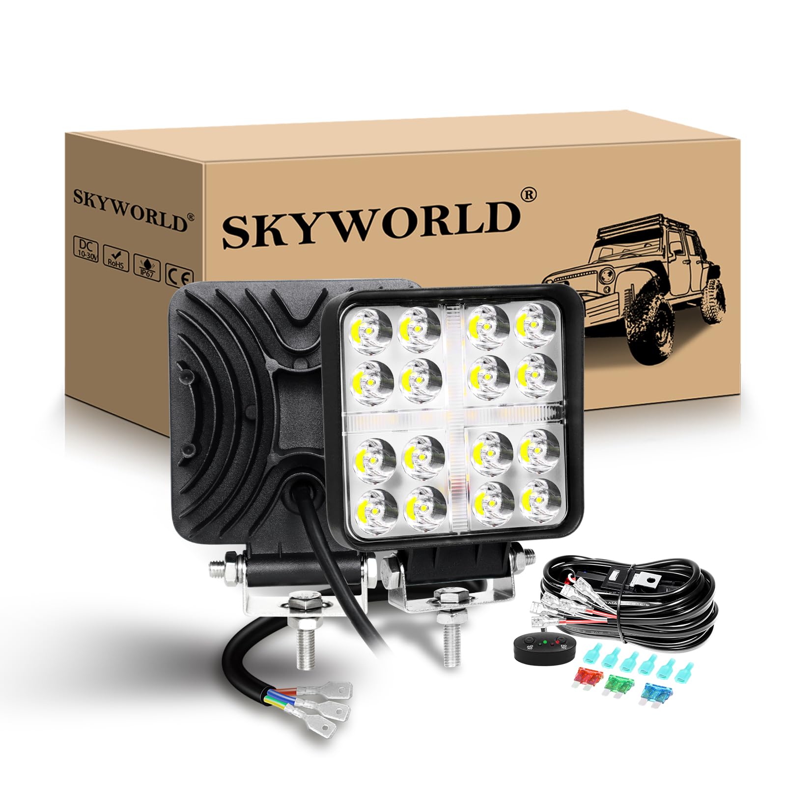 Phares LED Carrés SKYWORLD 48W - 2 Pièces - 3.3 Pouces - Spot Longue Portée Pour 4x4, Camion