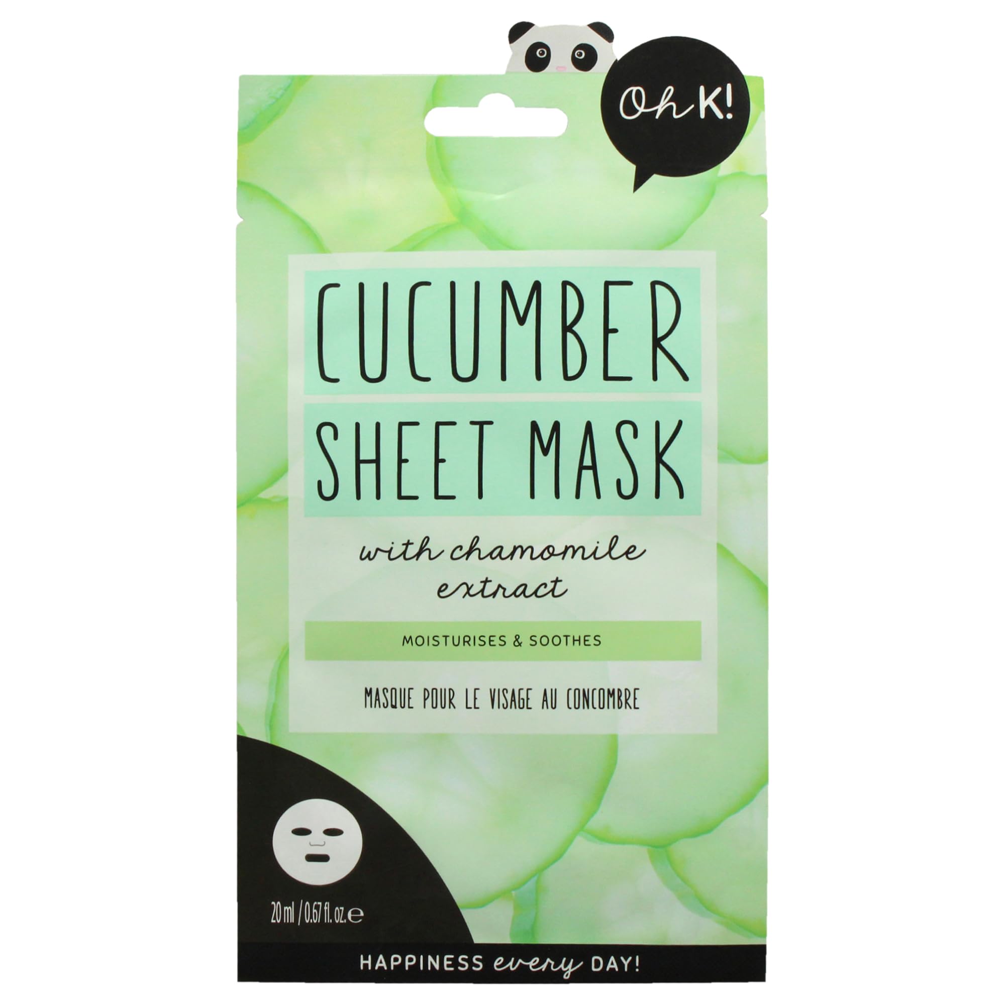 Oh K! Sheet Mask - Cucumber - Moisturizing Face Mask - Hydrating Face Sheets - Rich in Cucumber, Chamomile Extract - Korean Skincare - 1 Pc