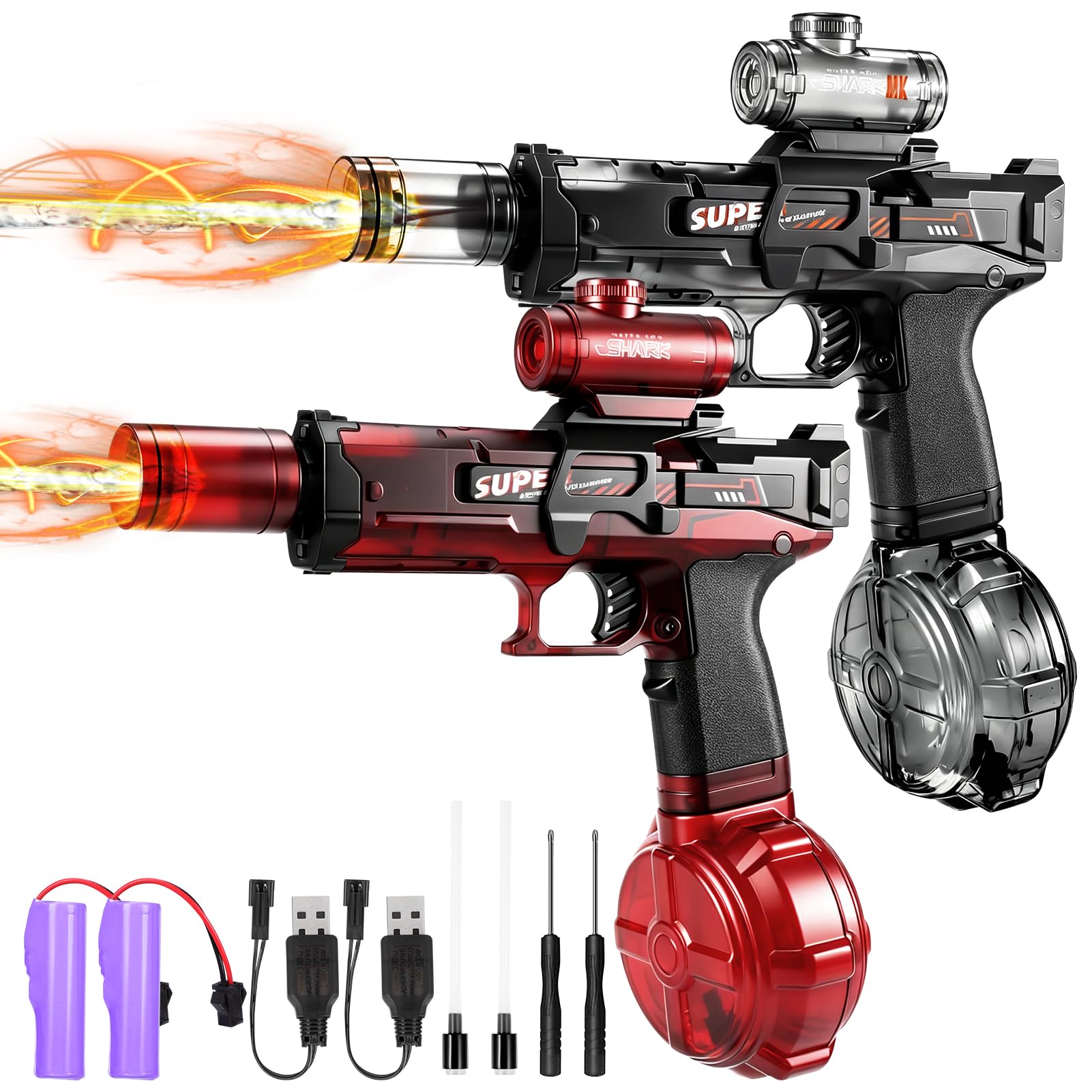 Lomffy 2Pcs Electric Water Gun for Adults Kids, Transparent Automatic Water Pistol Blaster Toys with simulated flame Light, Long Range Motorized Squirt Gun Outdoor Pool Beach Party Toys for Boys Girls