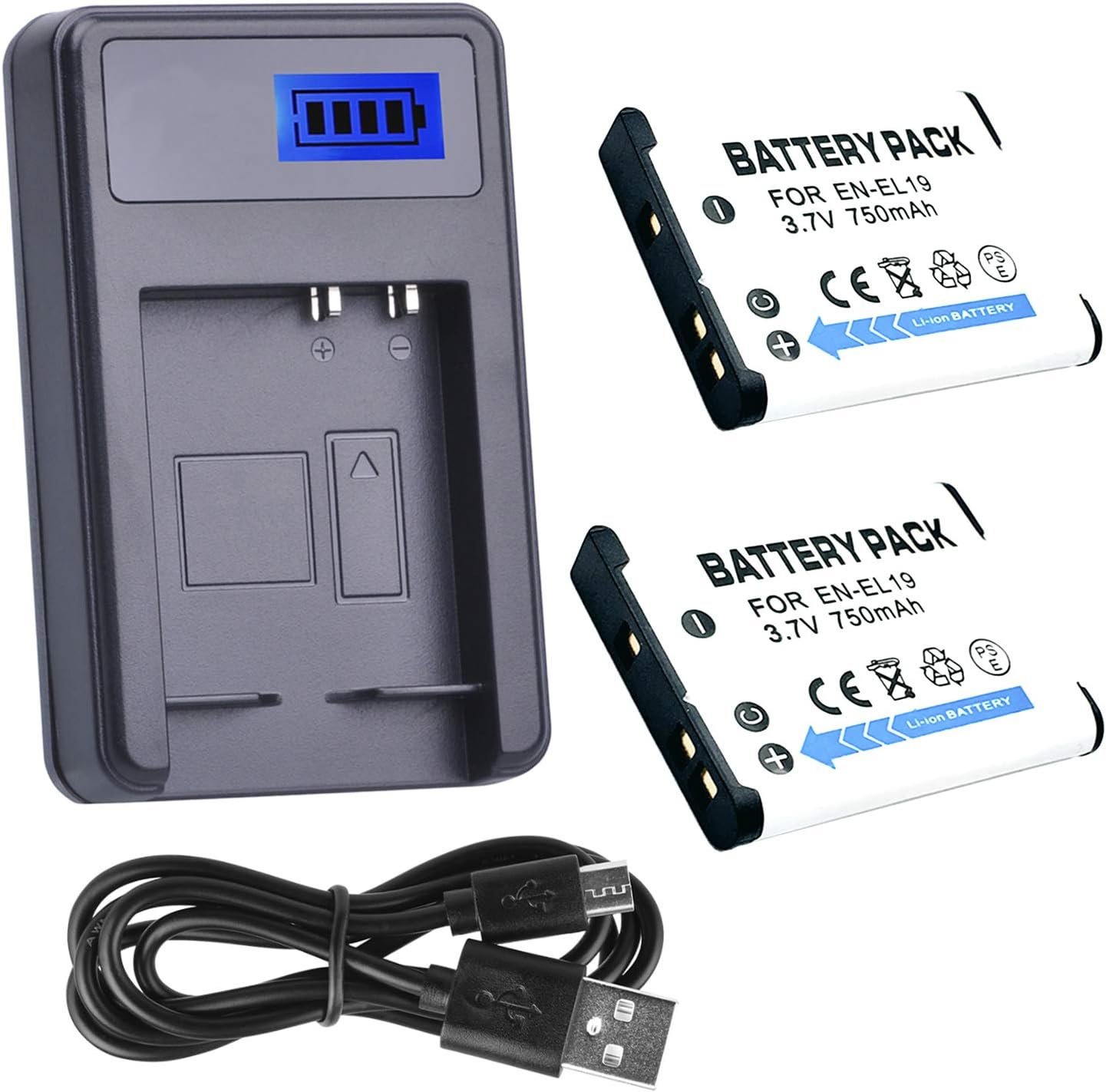 Battery 2 Pack and LCD USB Battery Charger for Nikon Coolpix S32, S33, S100 Digital Camera