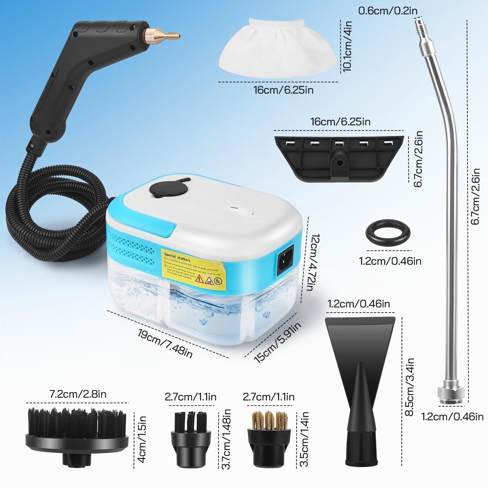 Limpiador a vapor manual, 1500 W, limpiador de vapor de mano portátil con depósito de agua grande de 1200 ml, limpiador a vapor de alta presión, 7 accesorios para todos los muebles de cocina