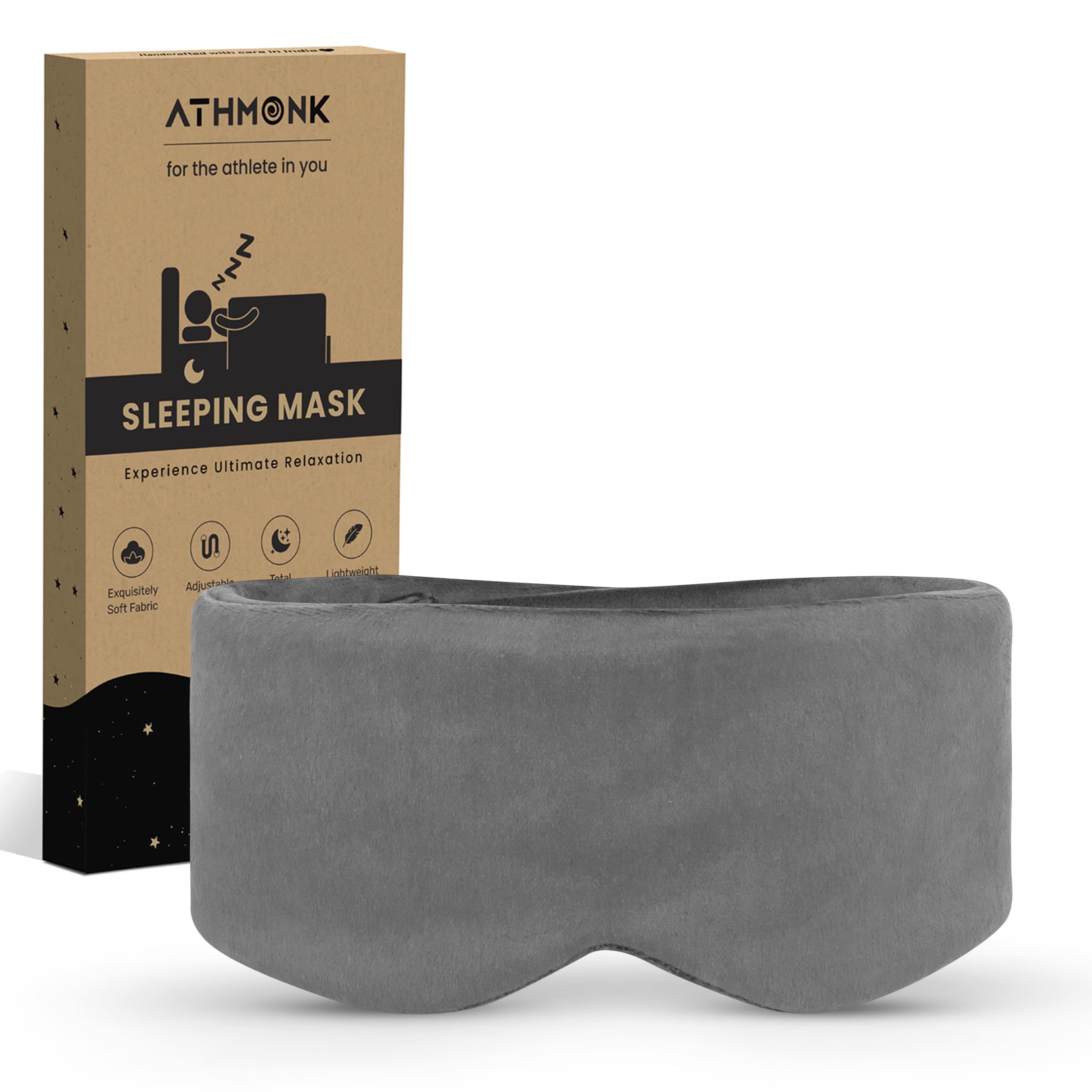 Athmonk Luxury Velvet Extra-Wide Sleeping Eye Mask Blind Fold - Essential Travel Accessories - Blindfold For Sleeping - Eye Mask For Sleeping Men & Women - Complete Blackout - Velcro Strap - Grey-picture-16
