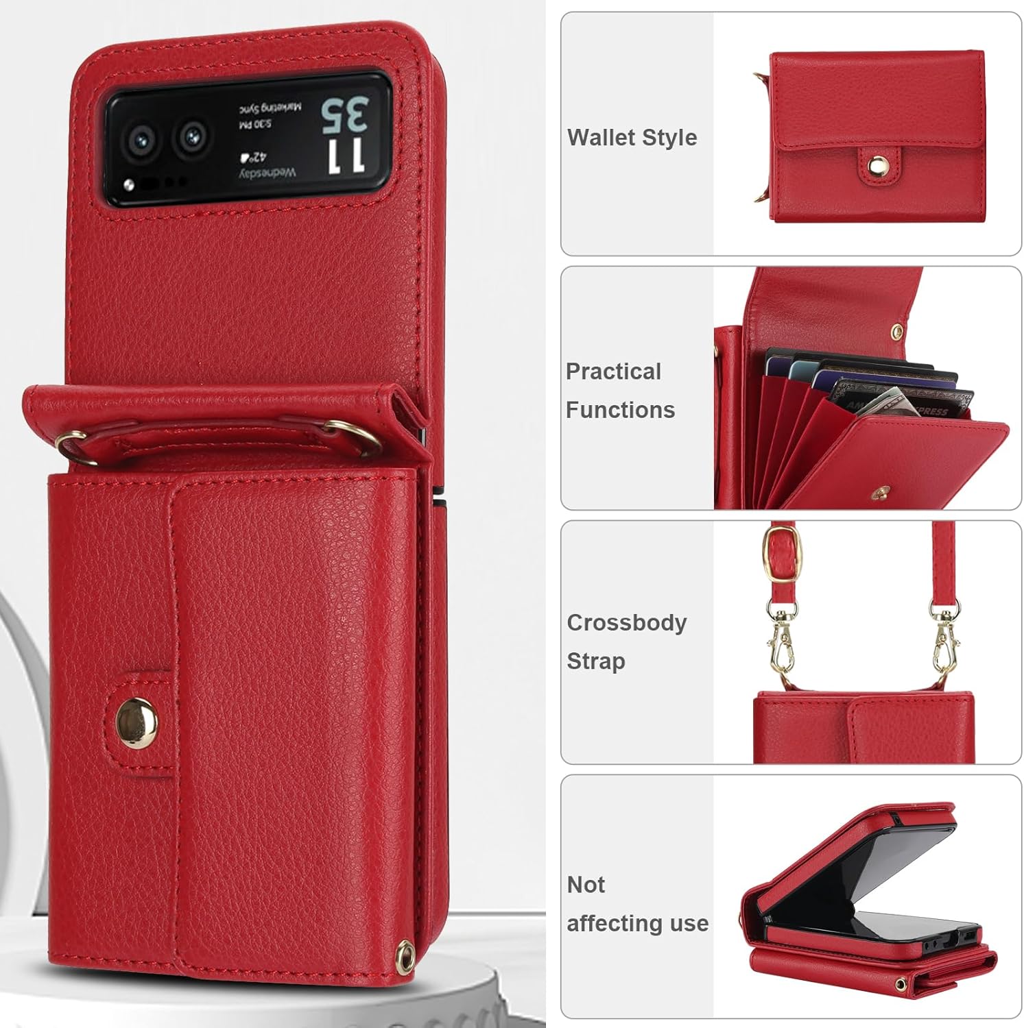 Asuwish Phone Case for Motorola Razr 40/Moto Razr 2023 Wallet Cover with Crossbody Wrist Strap Lanyard Credit Card Holder Slot Stand RFID Blocking Cell Leather Purse XT2323-6 Women Men Girls Red