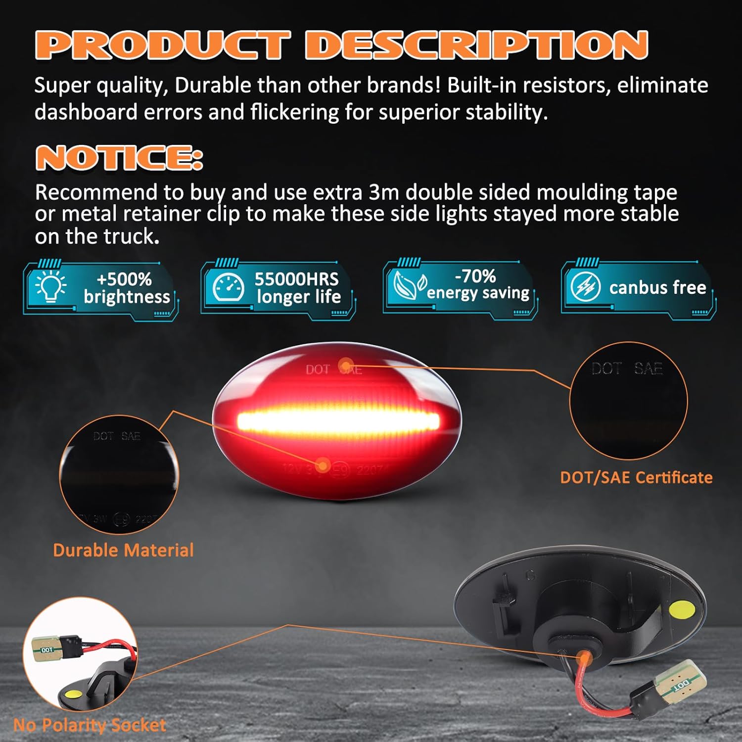 LED Fender Side Marker Light Compatible with 1999-2010 Ford F350 F450 F550 Super Duty, Rear Dually Bed Fender side marker Lamp Assembly, Amber/Red Smoked lens 4PCS