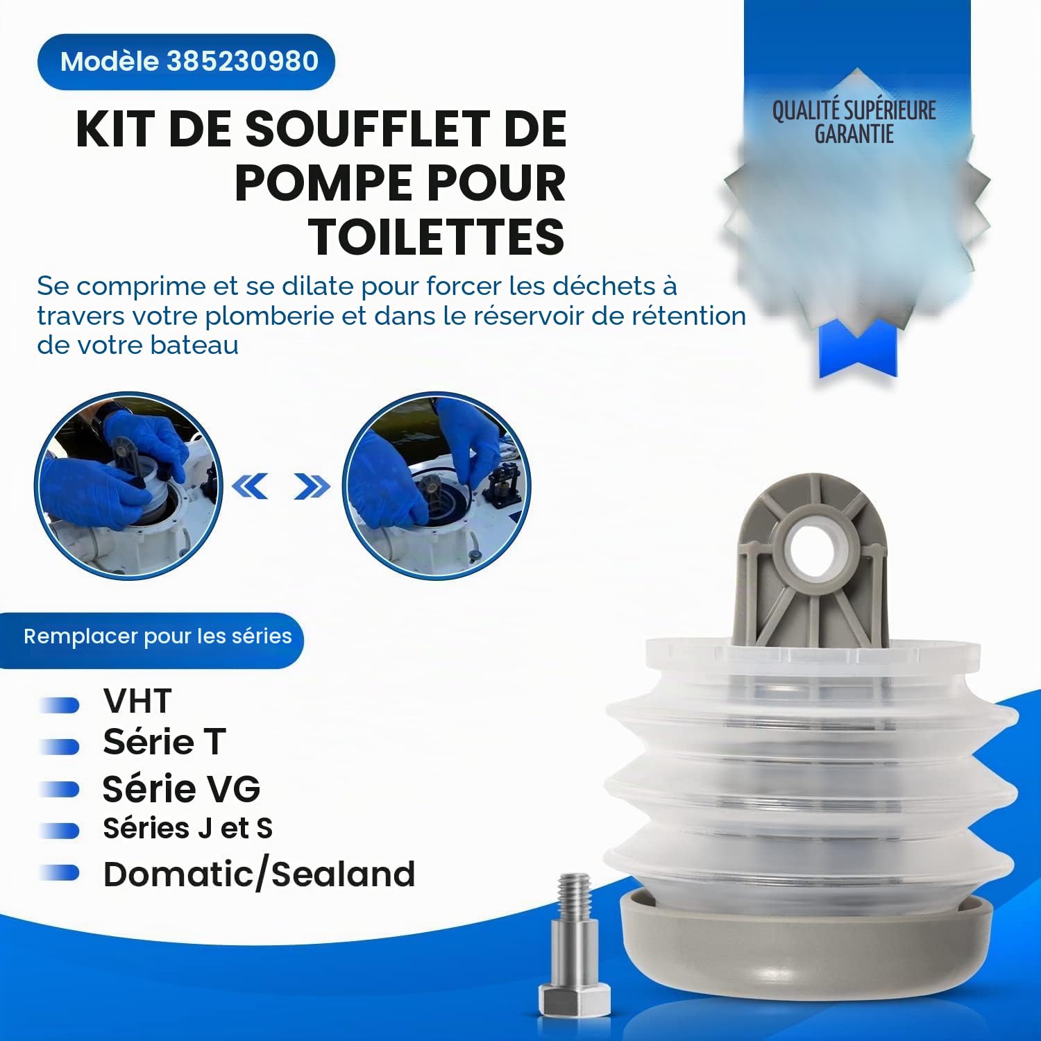 Kit de soufflet de pompe 385230980 avec valve en bec d'oie et kit de joint torique. Remplacement pour pompes à vide des séries S, T et J. Compatible avec les toilettes pour camping-cars et