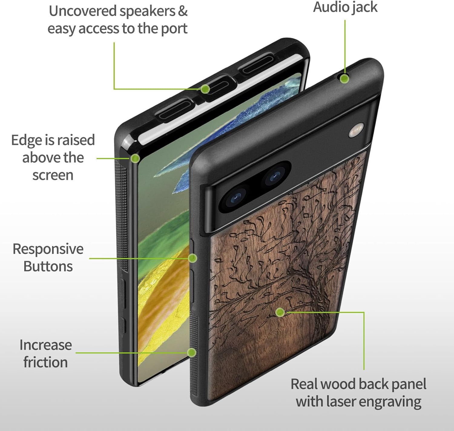 Carveit Wood Case for Pixel 8a Case [Natural Wood & Black Soft TPU] Shockproof Protective Unique Wooden Cover Compatible with Google Pixel 8a (The Vintage Olive Tree-Walnut)