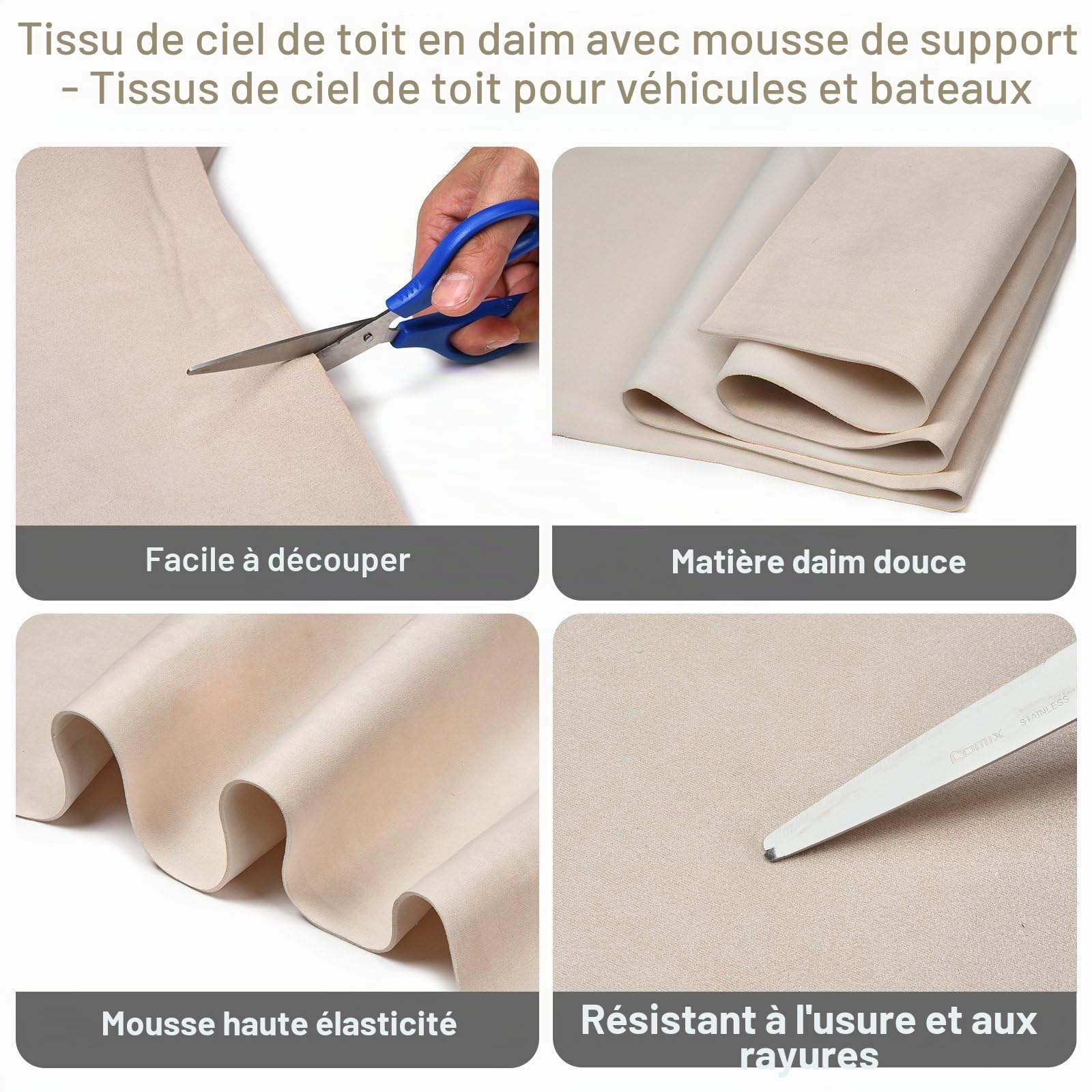 Tissu ciel de toit voiture 250x150cm, Suédine synthétique et éponge composite tissus interieur voiture pour véhicule, Camping-Car, Bateau, Camion (beige)