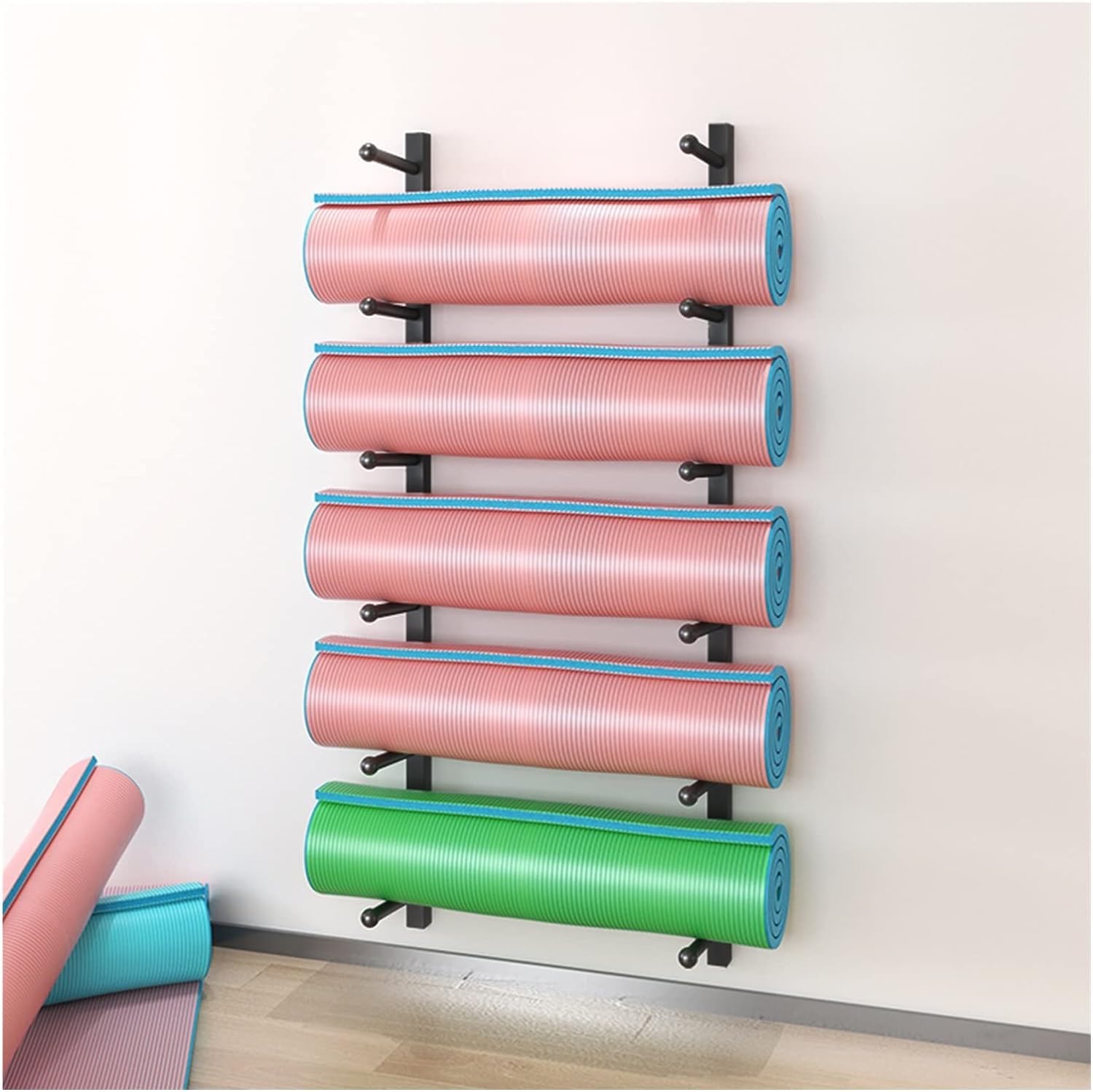 Soporte de pared para esterilla de yoga, estante de metal resistente para almacenamiento de gimnasio en casa, organizador para esterillas de yoga, rodillos de espuma, patinetas y tablas de esquí