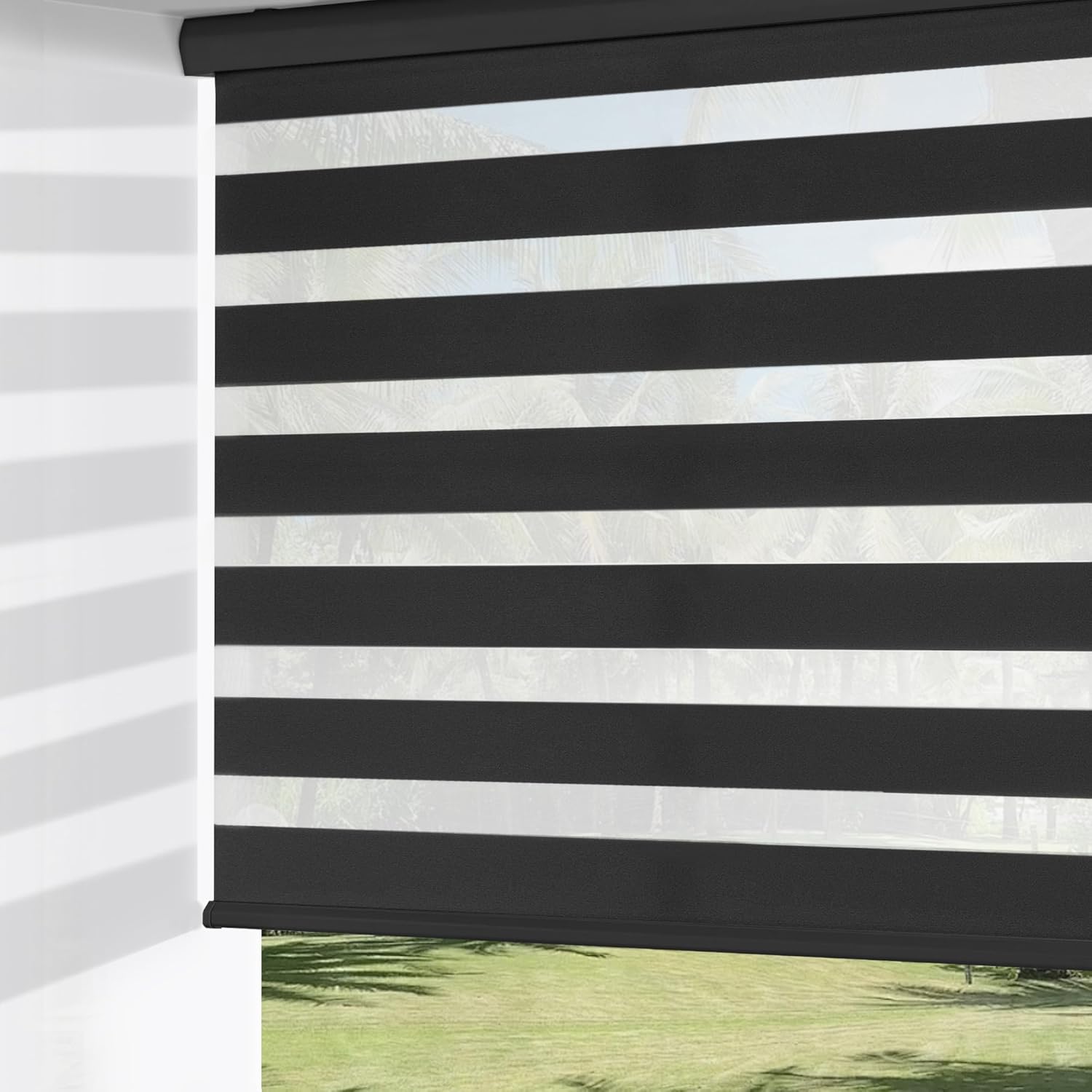 ChrisDowa Cordless Zebra Blinds for Windows, Dual Layer Free-Stop Light Filtering Window Roller Shades, Pull Down Privacy Zebra Shades for Home, Office, Bedroom, Door (70" W x 72" H, Black) 70"W x 72"H Black