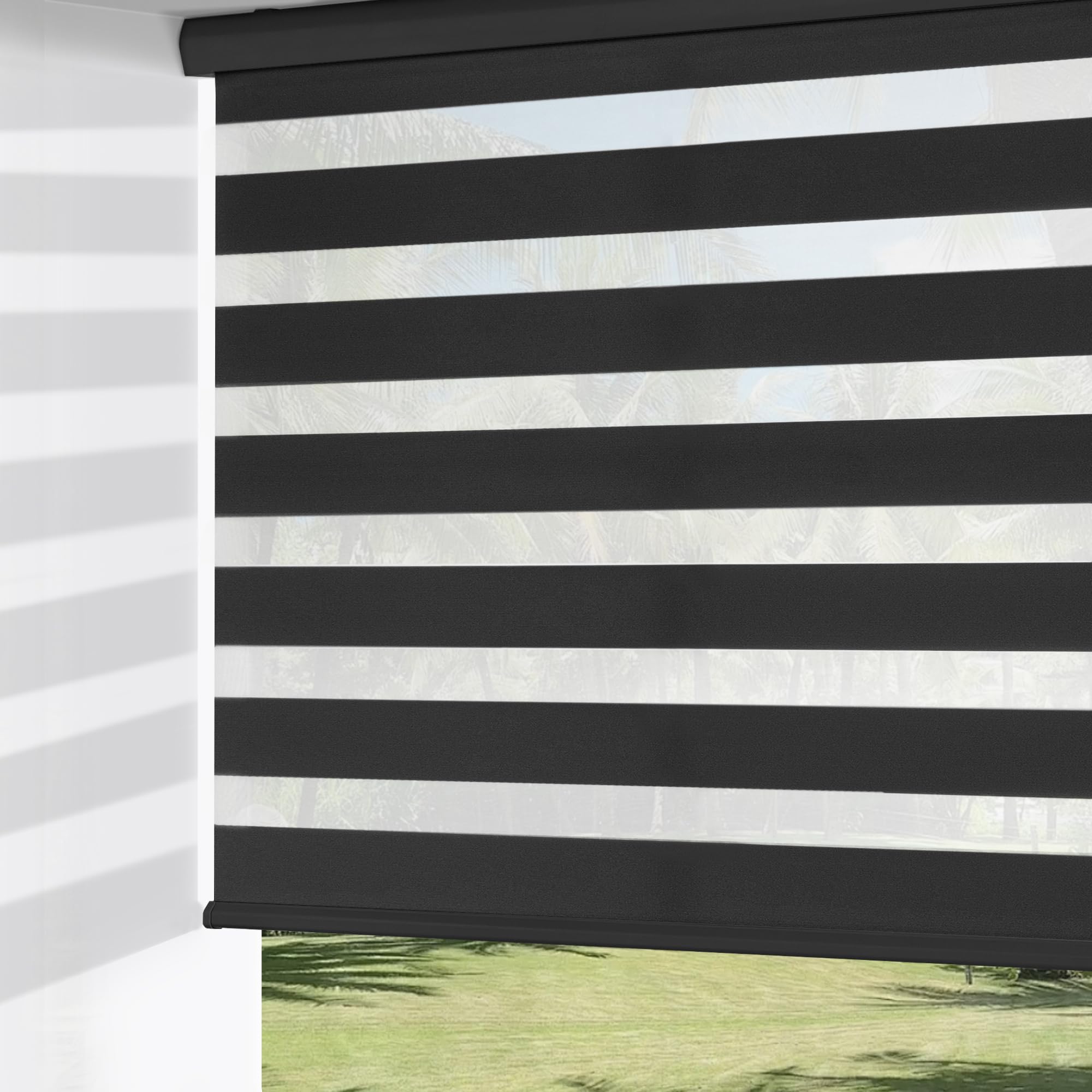 ChrisDowa Cordless Zebra Blinds for Windows, Dual Layer Free-Stop Light Filtering Window Roller Shades, Pull Down Privacy Zebra Shades for Home, Office, Bedroom, Door (54" W x 72" H, Black)
