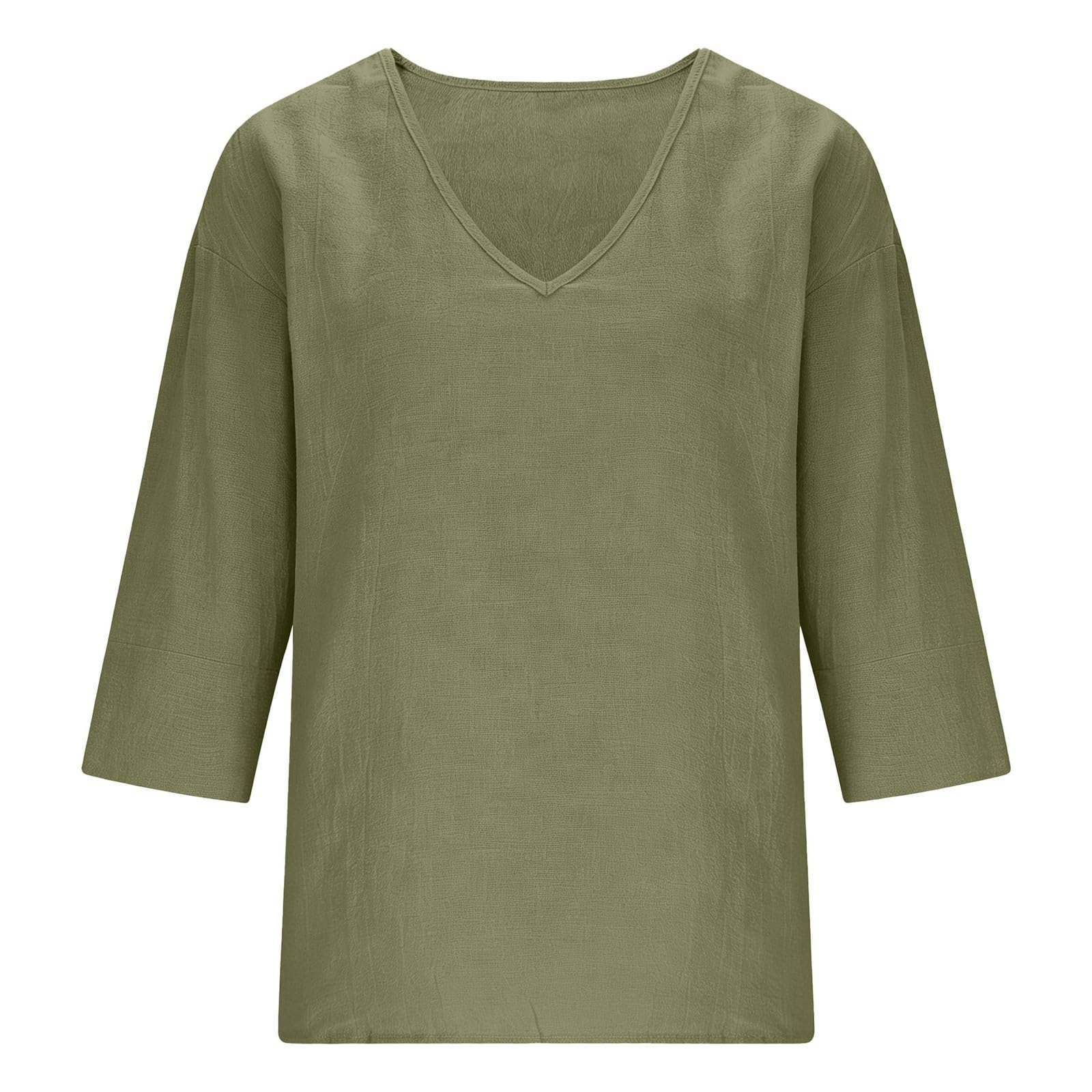 Chemise Femme Coton et Lin Été Manche Longue Chemisiers et Blouses Chic et Élégante Grande Taille Chemisier Col en V Decolleté Chemises Couleur Unie Décontractée Hauts Léger Large de Plage Respirant