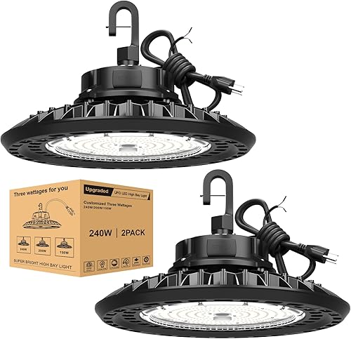 Luces LED UFO de bahía alta 240W sin parpadeo - 36000LM Super brillantes, luces de tienda de bahía alta 5000K, 0-10V regulable, cable de 6',
