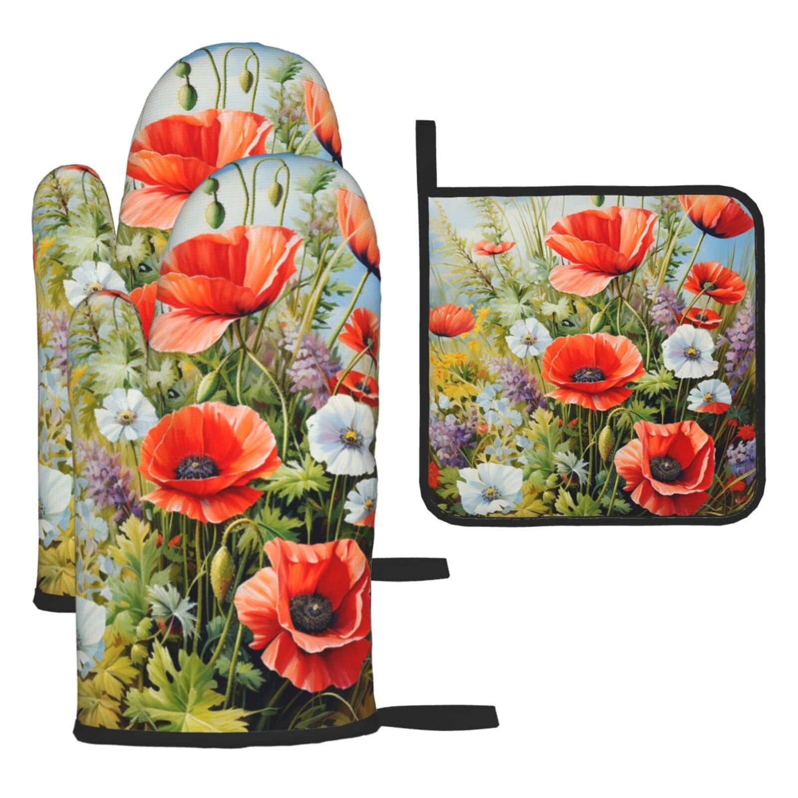 Art Painting Poppy Floral Printed Oven Mitts And Pot Holders Sets Oven Mitts Heat Resistant Oven Gloves For Cooking Baking Kitchen BBQ