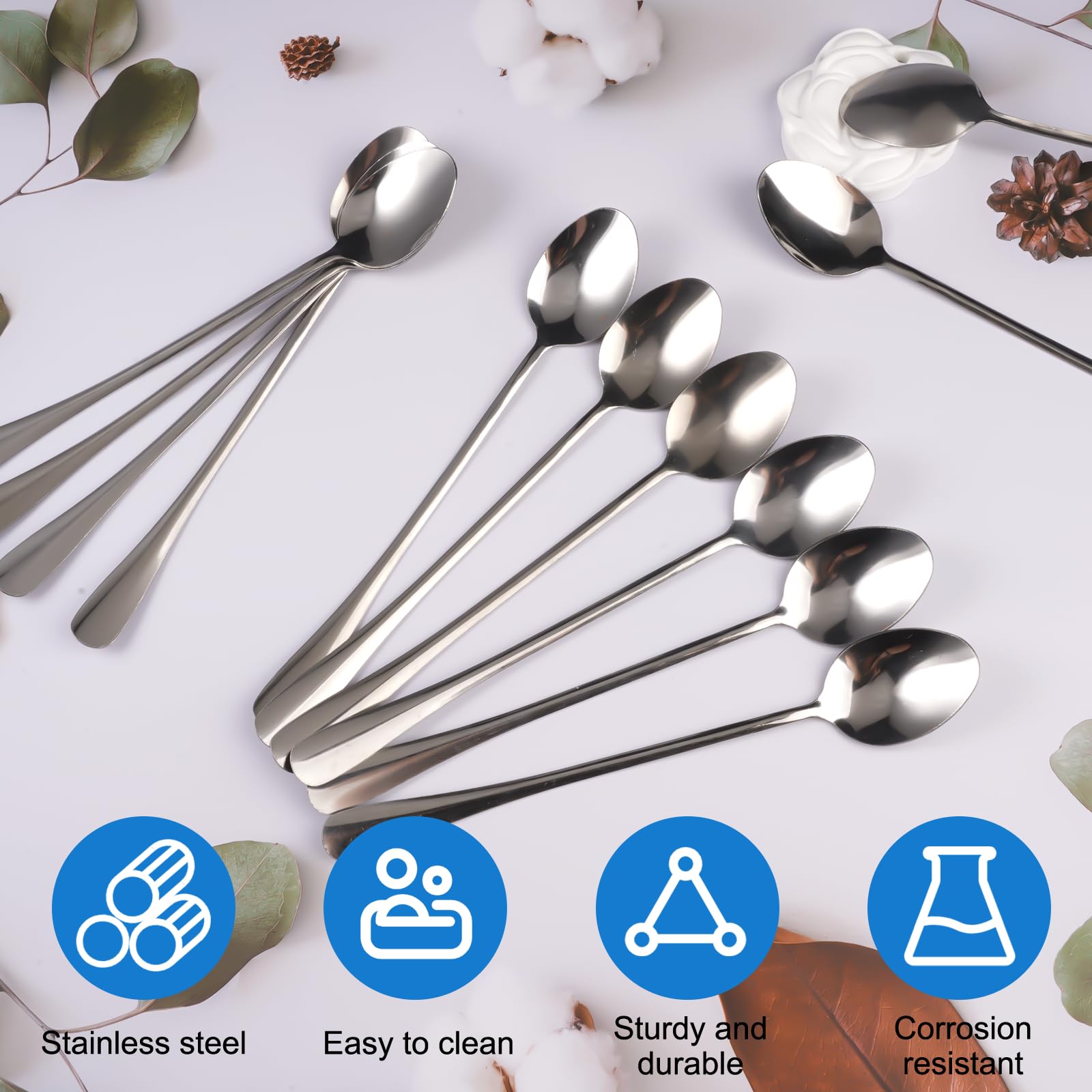 uxcell 4 cucchiaini in acciaio inox a forma di fiore, manico lungo da 17,8 cm, cucchiaini da tè, gelato, caffè, per mescolare cocktail, colore argento
