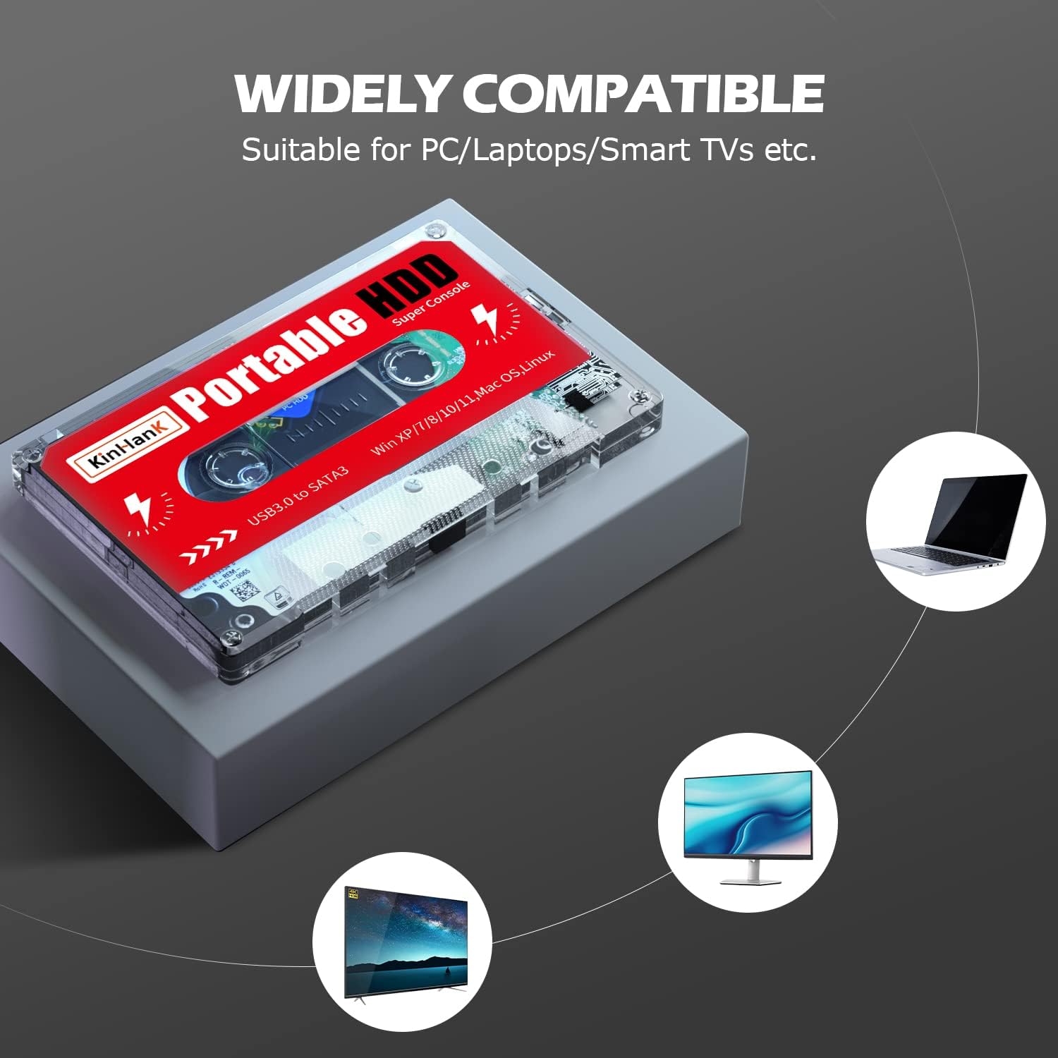 Kinhank 2T HDD compatible with various devices like PC, laptop, and Smart TV.