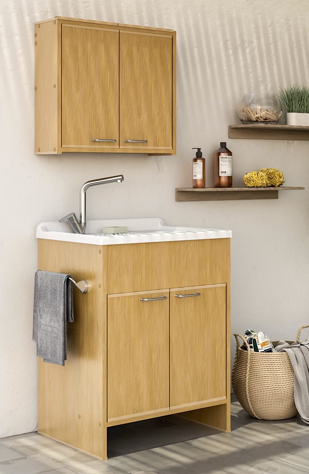Negrari: Lavatoio Lavapanni 9002KF in resina PVC, Vasca resistente agli acidi, Ideale per ambienti umidi, Kit completo con asse di lavaggio, Interno/Esterno, L50 X P60 X H84, Frassino