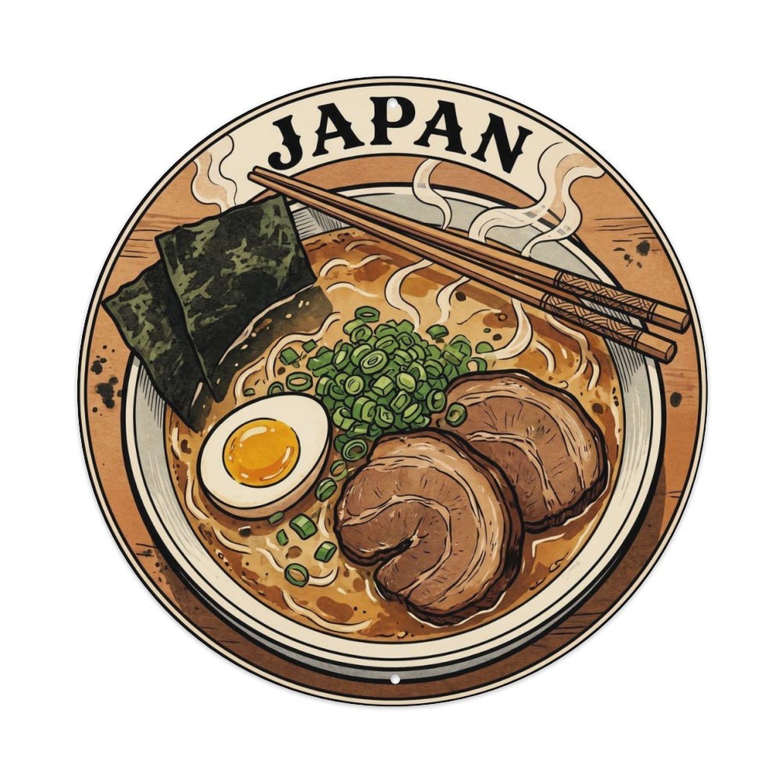 Olyhtr 8X8inch Classic Style Ramen Bowl Chopsticks Pork Egg Ukiyo Woodblock Noodle Metal Tin Sign