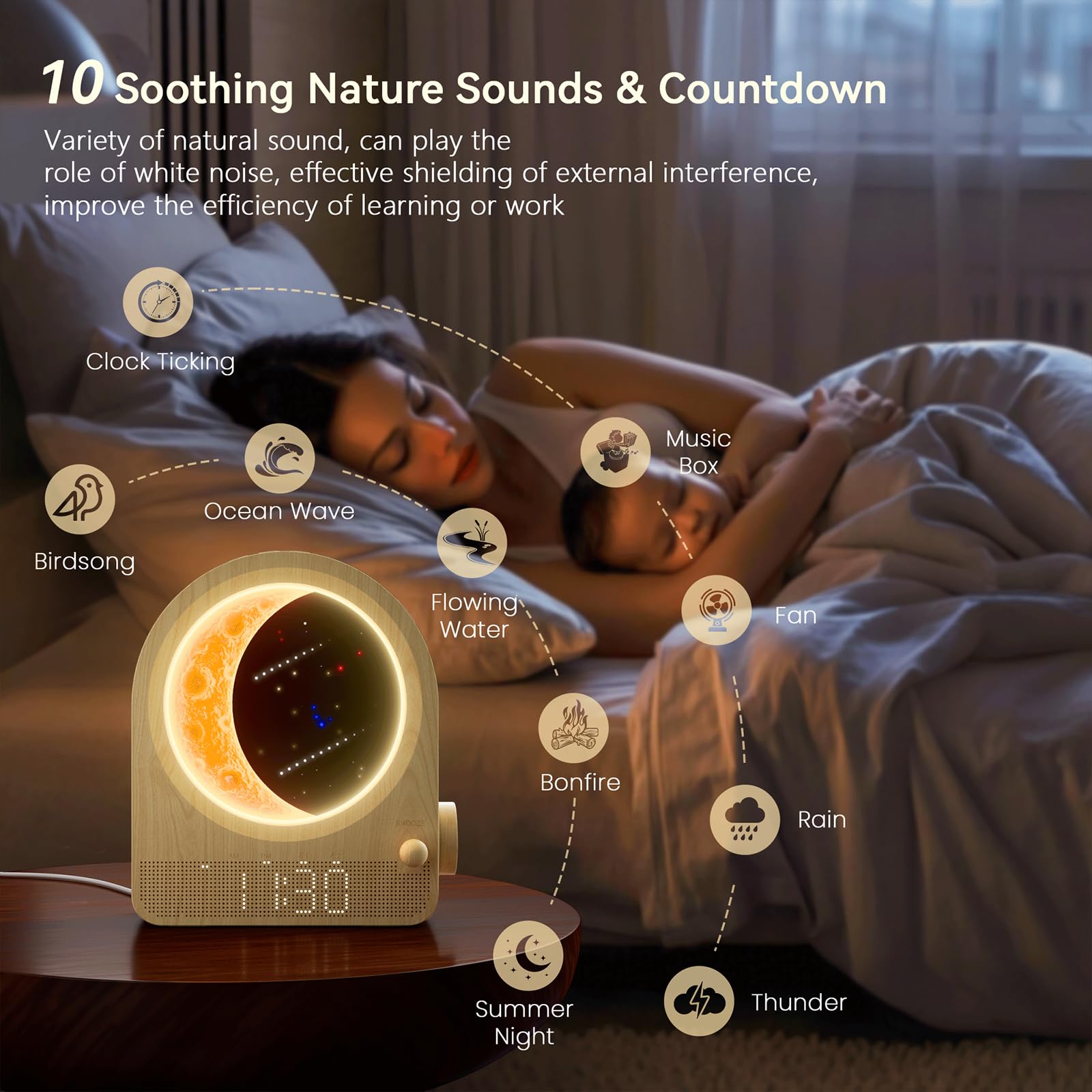 blonbar Wecker & Mondlampe kombinieren,3 Stufige Helligkeit Nachtlicht Nachttischlampe mit Tageslicht, Lichtwecker,Wake-up Light, 10 natürliche Klänge,Dimmbarem Nachtlicht,Ideal für Schlafzimmer