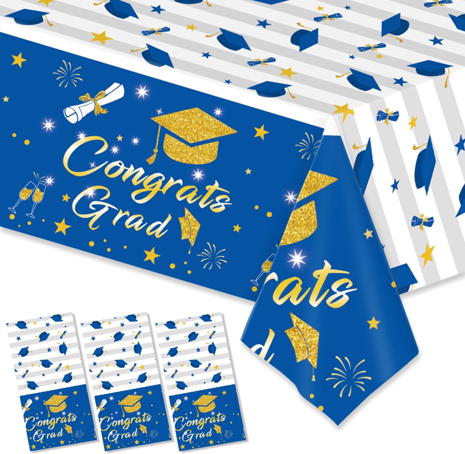 Graduation Tablecloth Party Decorations 2024, 3 Pack Disposable Plastic Table Covers 54"x108" for College High School Class of 2024 Party Supplies (Blue Gold)