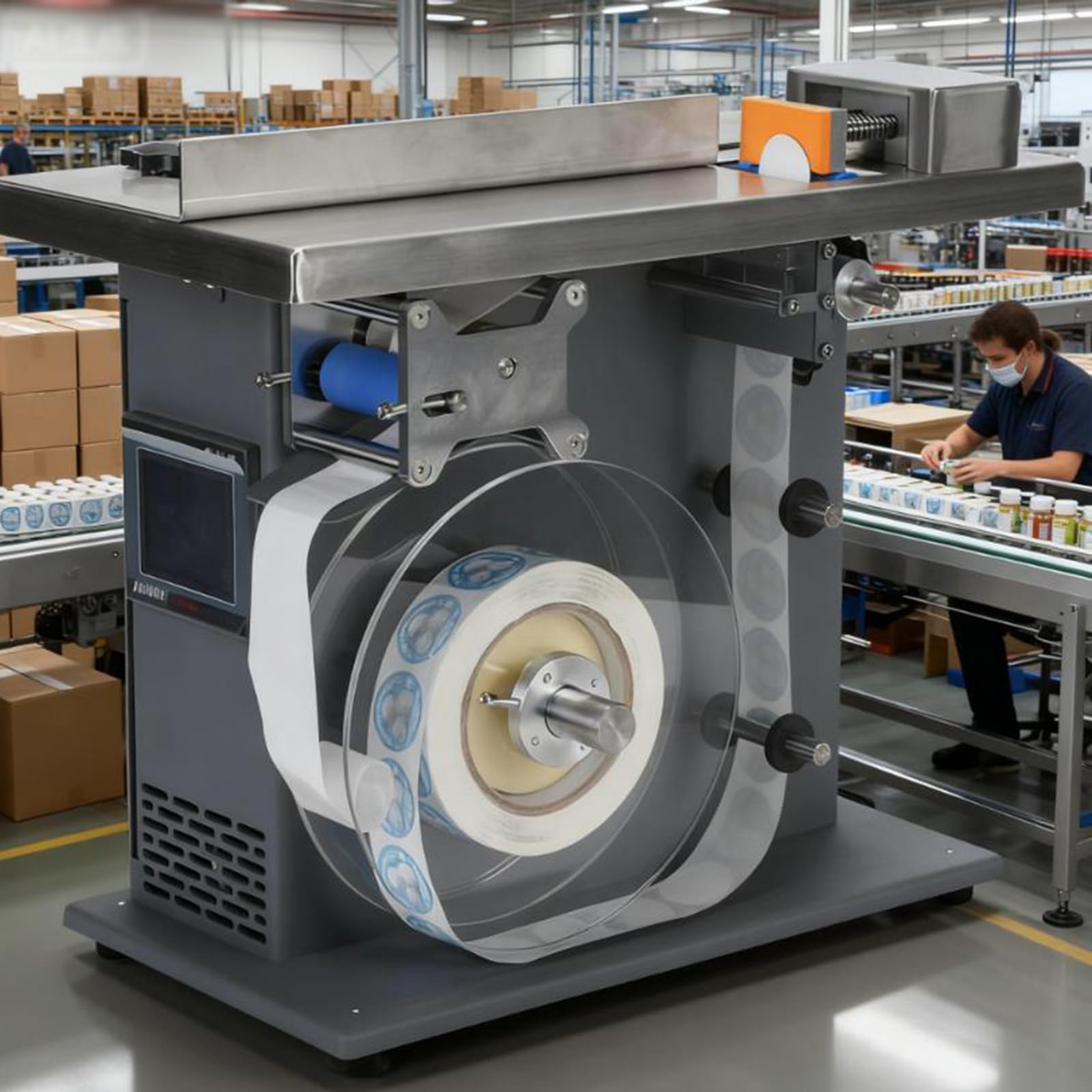 Etichettatrice automatica ad angolo retto, applicatore di etichette ad alta precisione per prodotti Φ15-30mm, riconoscimento del sensore di luce e centraggio automatico