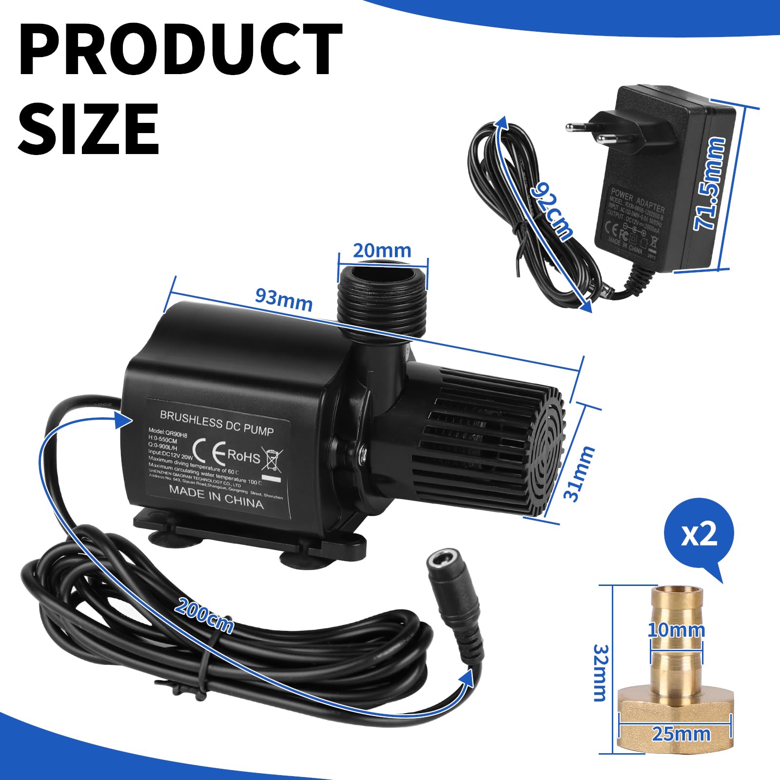 SWAWIS Wasserpumpe 12V 900L/H 5,5M Mini Tauchpumpe Aquarium Pumpe Wasser mit 8-Gang-Drehzahlregelung Wasserpumpe Klein Teichpumpe Springbrunnenpumpe für Wasserzirkulationssystem