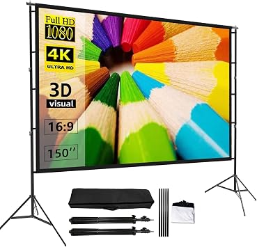Projector Screen 100/120/150" 4K 169 HD Projector Screen 3D Portable Freestanding Indoor/Outdoor Viewing Angle 160  Portable Foldable Projection Full HD 4K Resolution Wrinkle Free Screen Suitable for