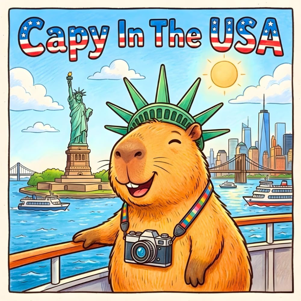 Capy In The USA Coloring Book: +45 Pages | Bold & Easy Capybara Exploring Iconic Us Landmarks & Places | Perfect For Kids & adults