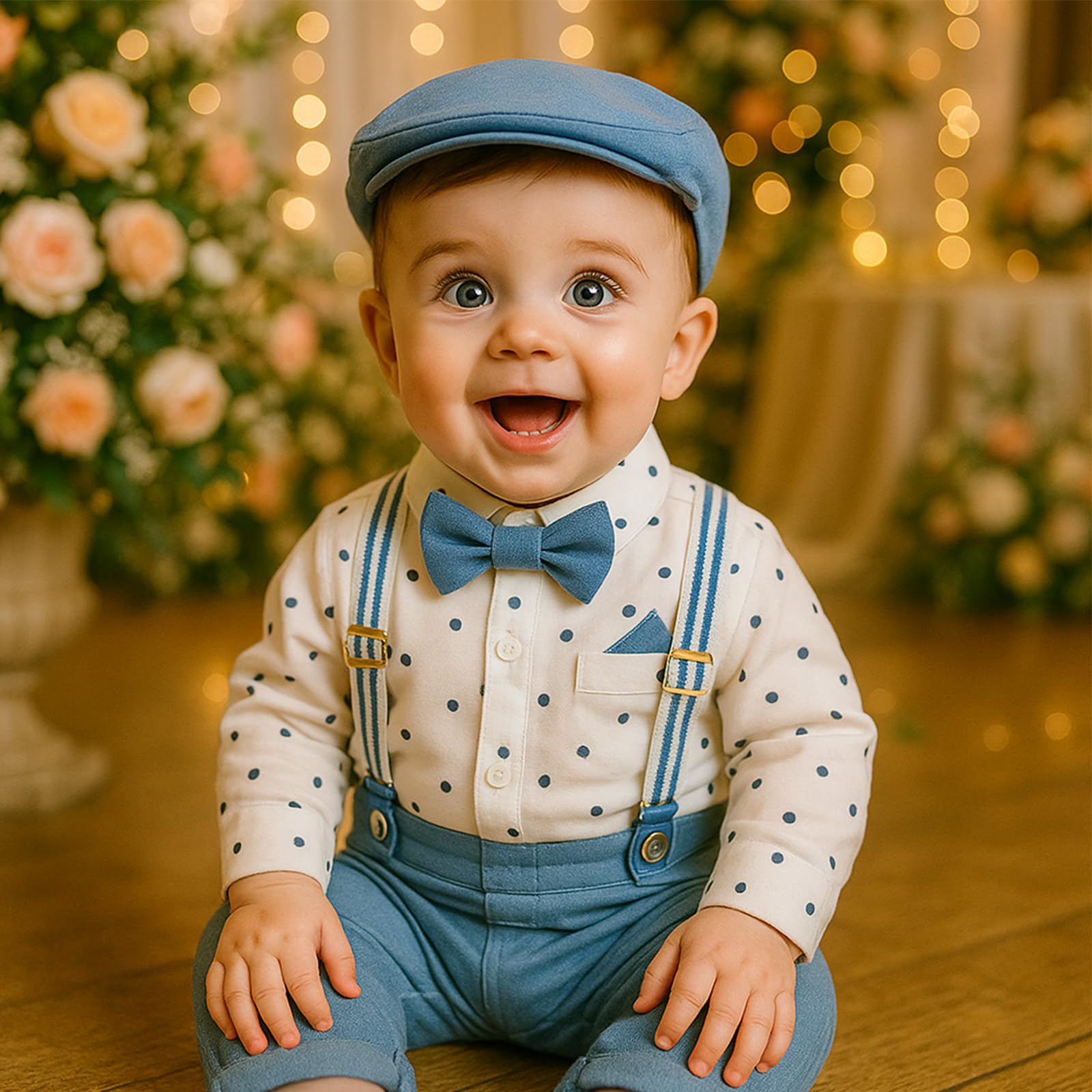 Baby Boy abbigliamento formale Set di abbigliamento da bambino Camicia Romper con papillon bretelle pantaloni e cappello per matrimonio festa di compleanno