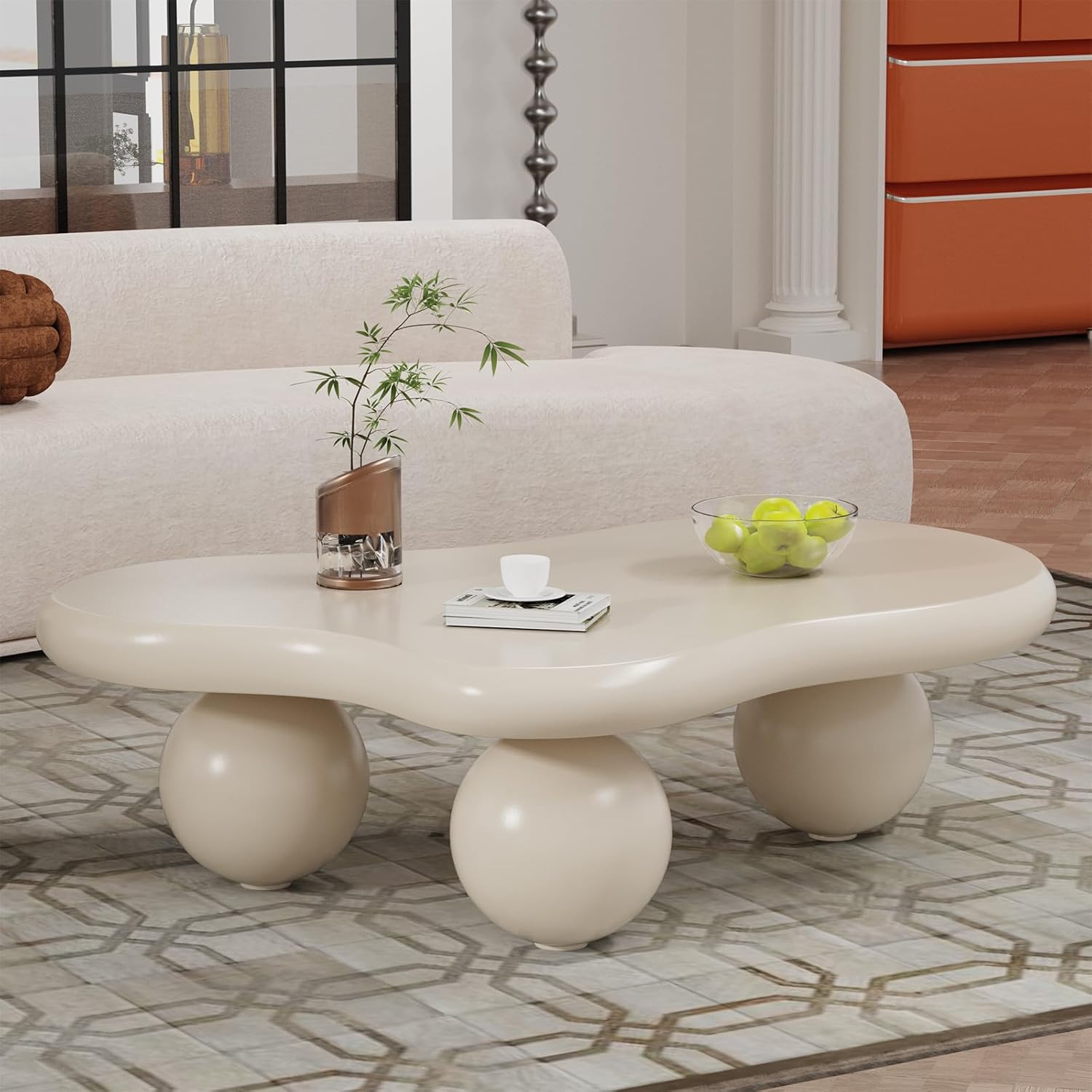 Cloud Coffee Table with 3 Ball Legs Mid Century Modern Irregular Coffee Table for Living Room Low Small Cloud Center Table for Farmhouse Office Outdoor (Cream A 46in)