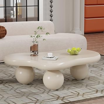 Cloud Coffee Table with 3 Ball Legs Mid Century Modern Irregular Coffee Table for Living Room Low Small Cloud Center Table for Farmhouse Office Outdoor Cream A 46in